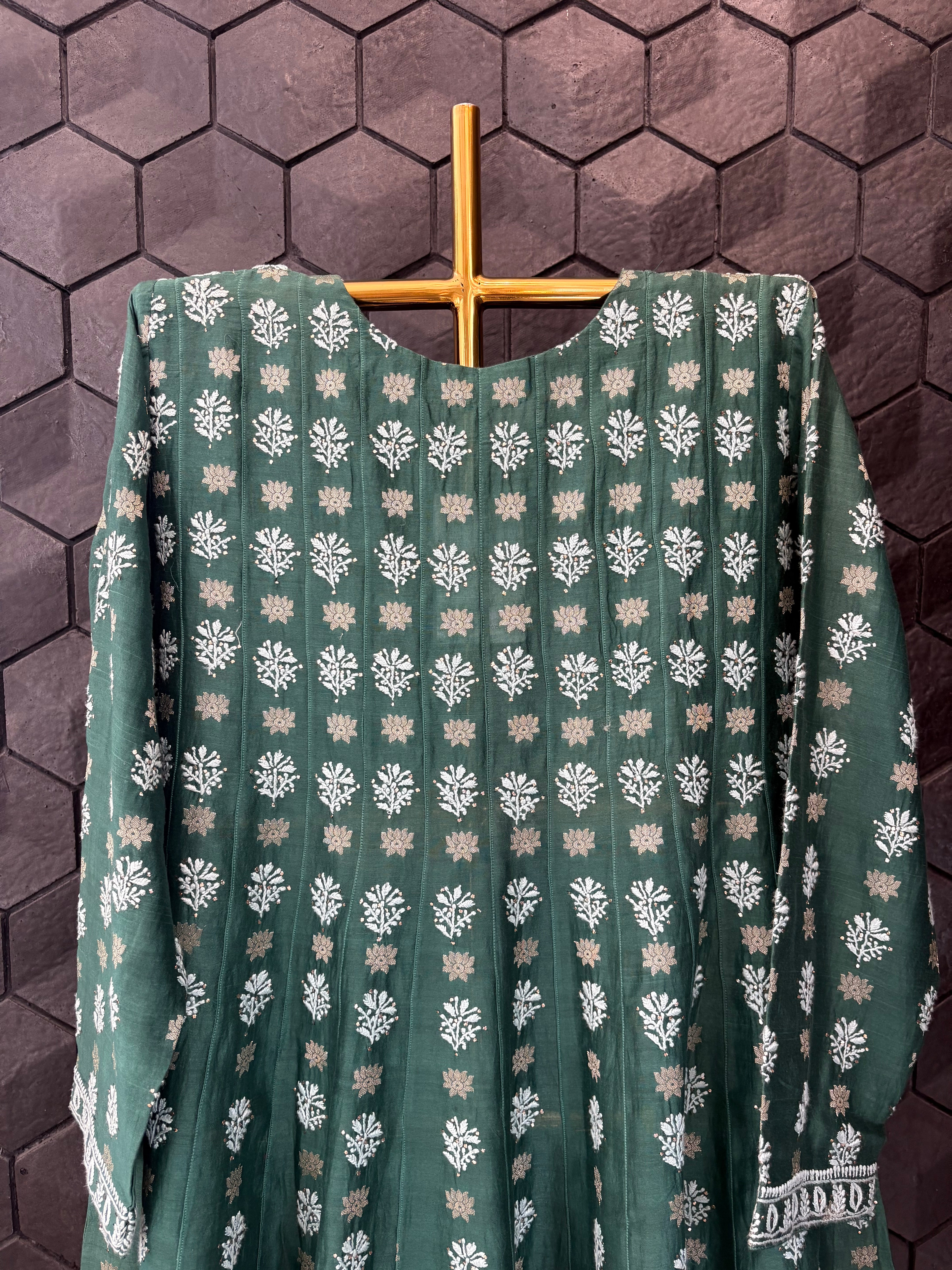 Bottle Green Chanderi Chikankari Co-ord set
