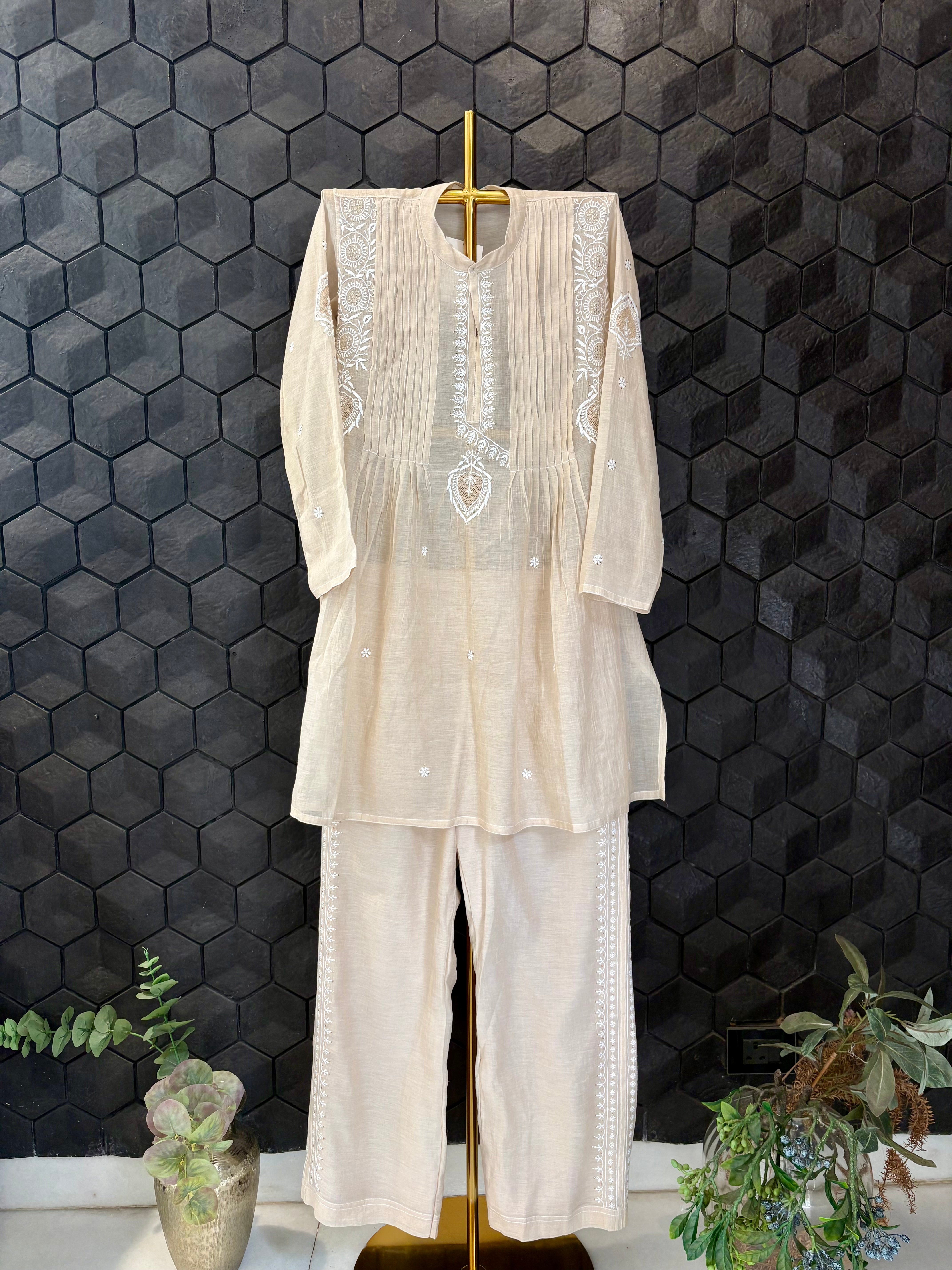 Beige-golden Tissue Chikankari Co-ord sets