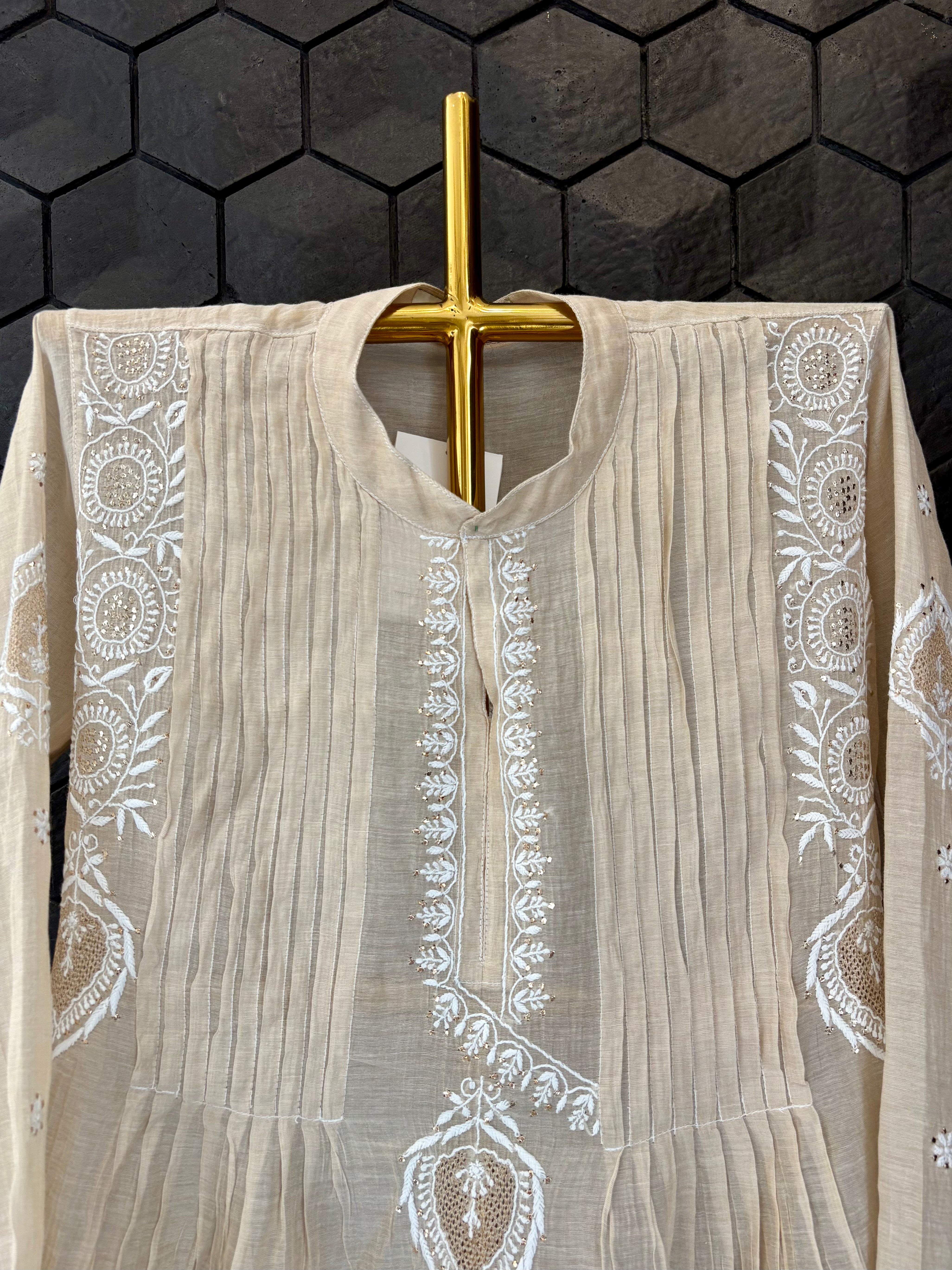 Beige-golden Tissue Chikankari Co-ord sets
