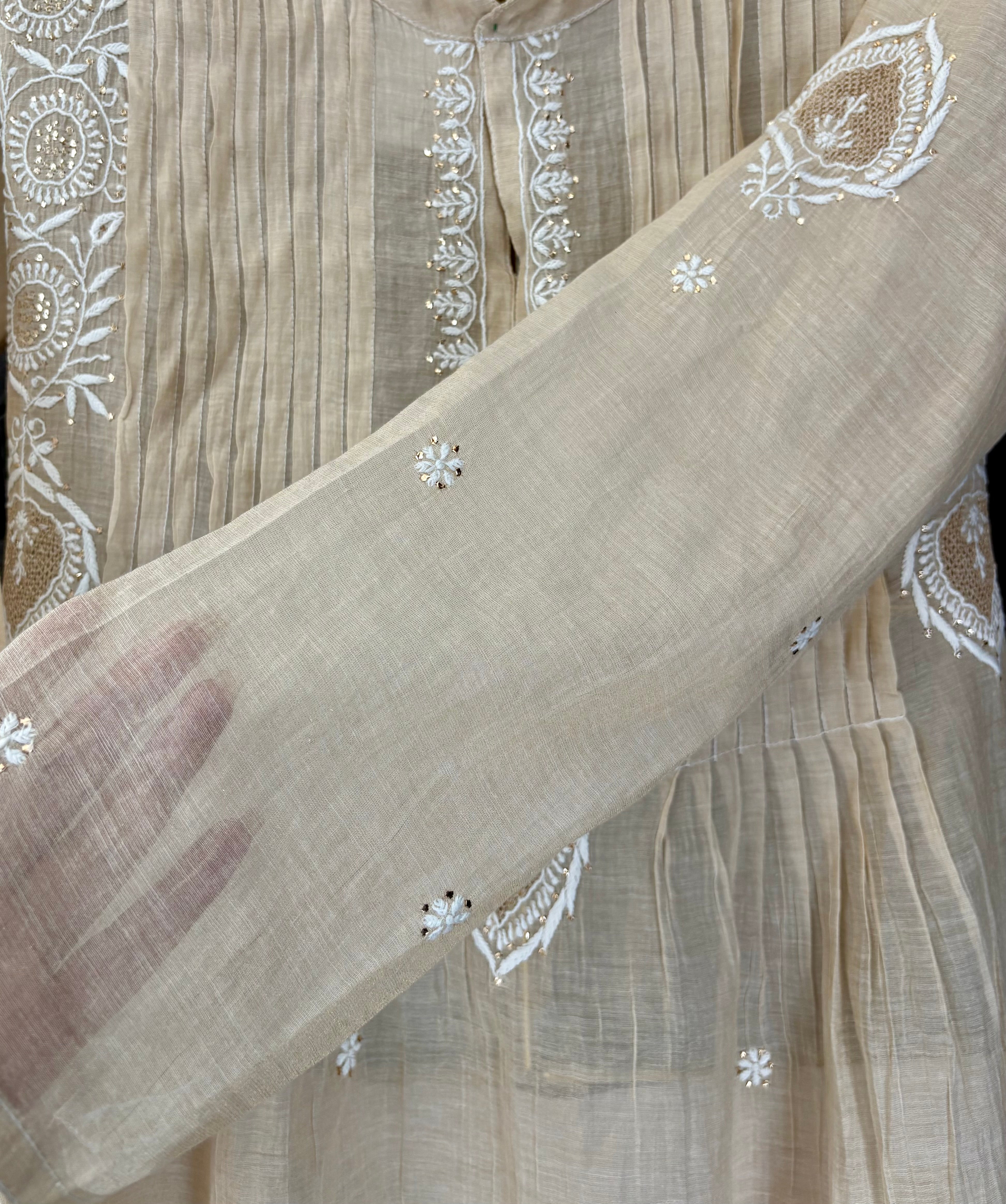 Beige-golden Tissue Chikankari Co-ord sets
