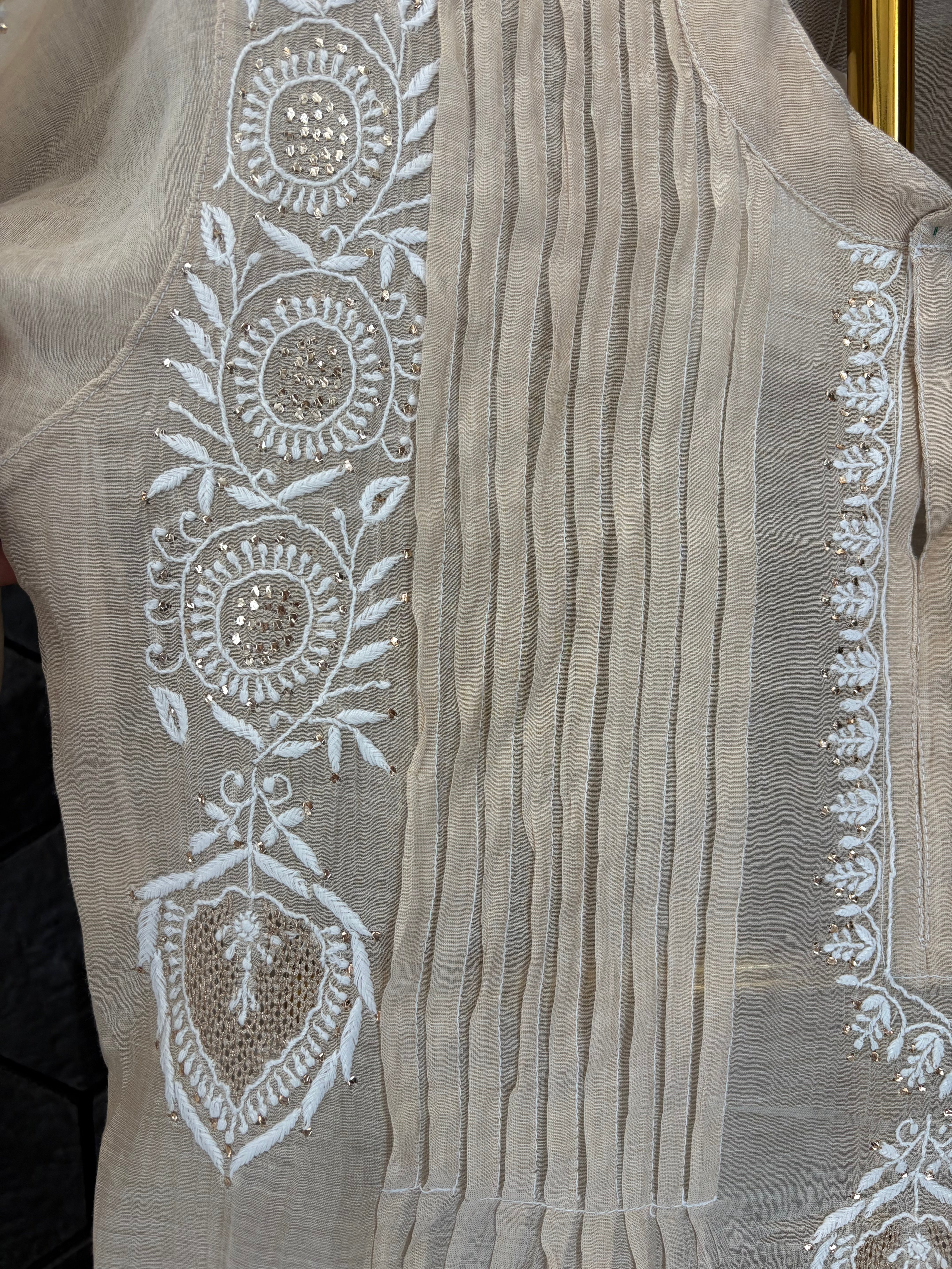 Beige-golden Tissue Chikankari Co-ord sets