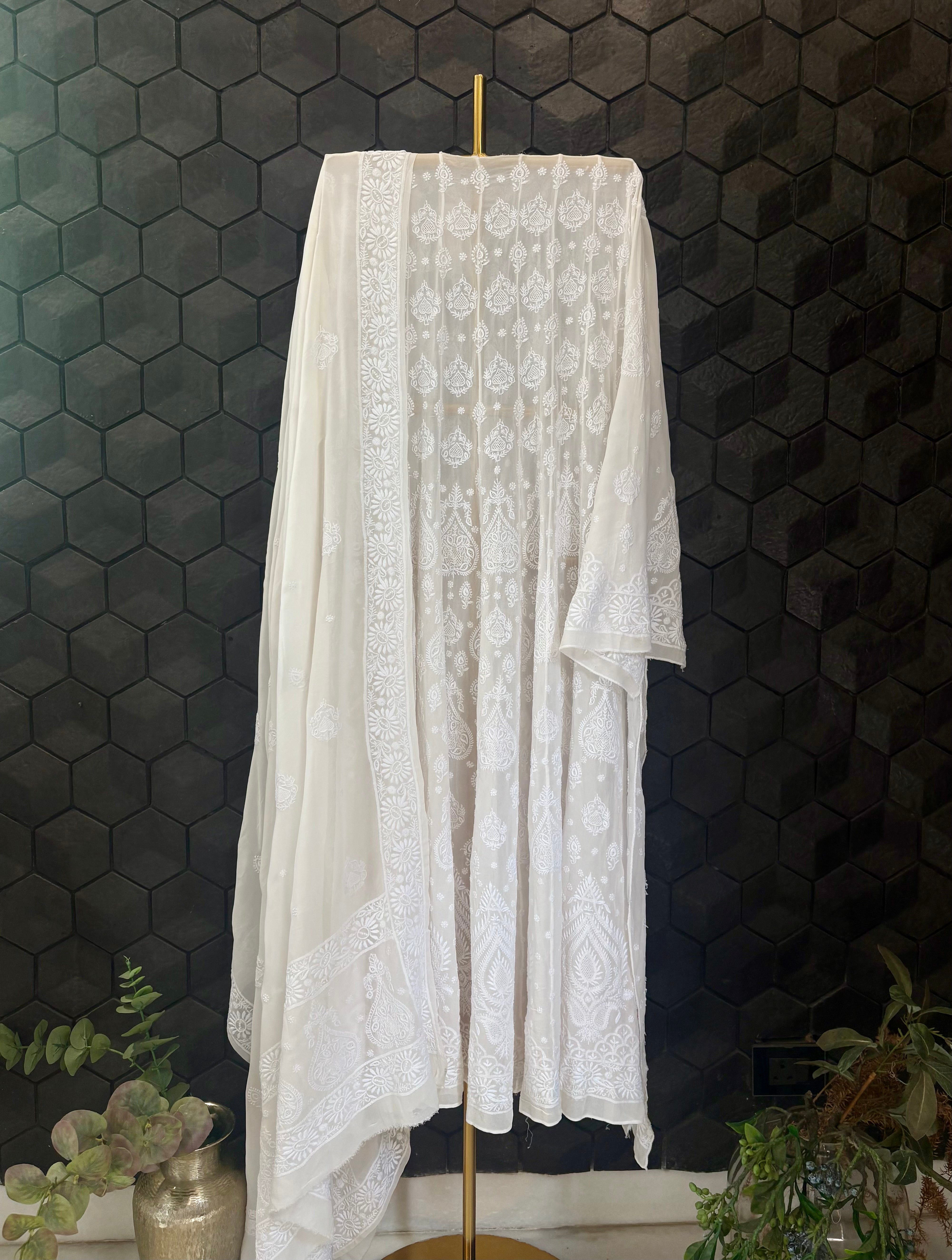 White Georgette Chikankari Anarkali set
