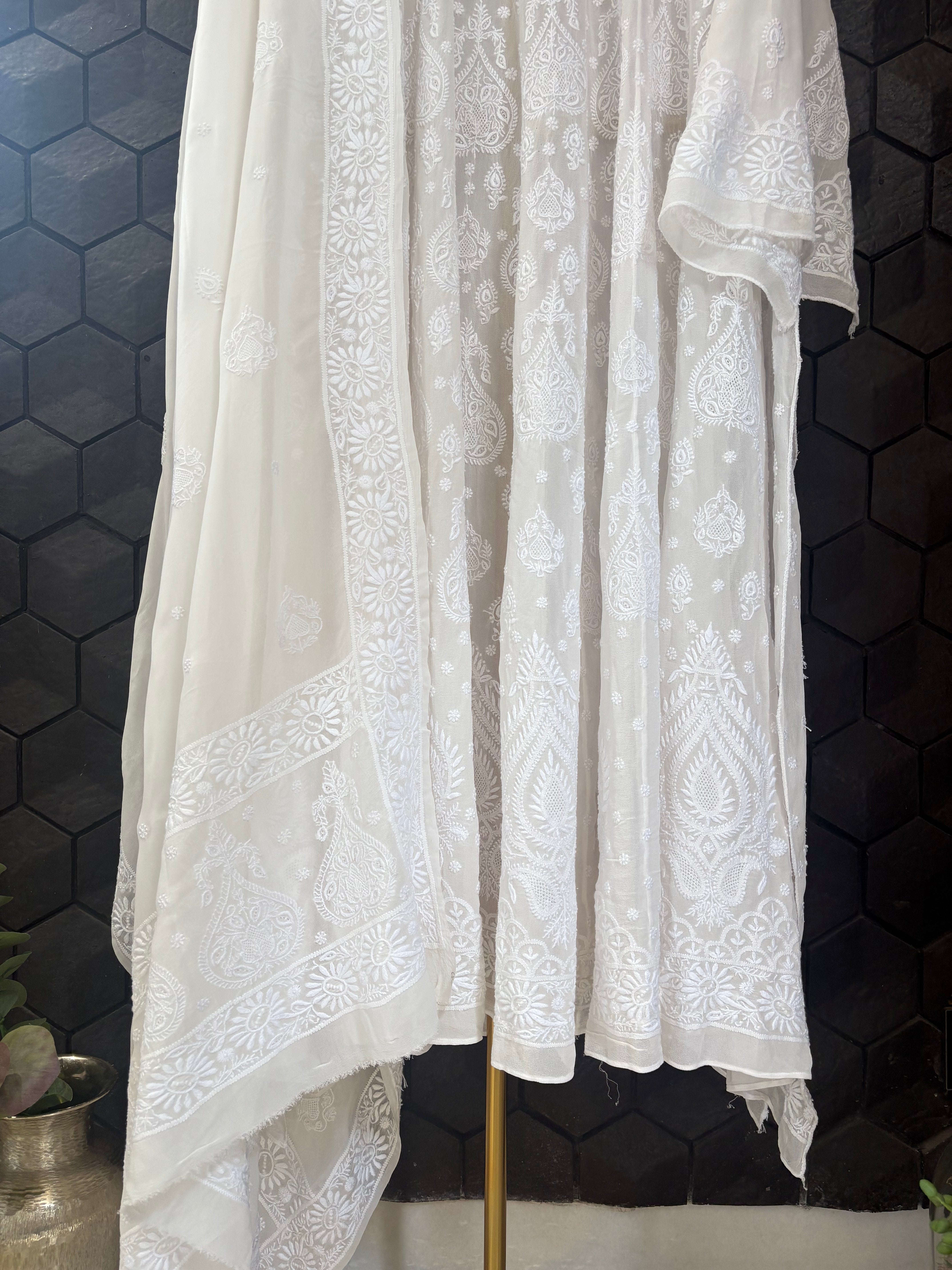 White Georgette Chikankari Anarkali set