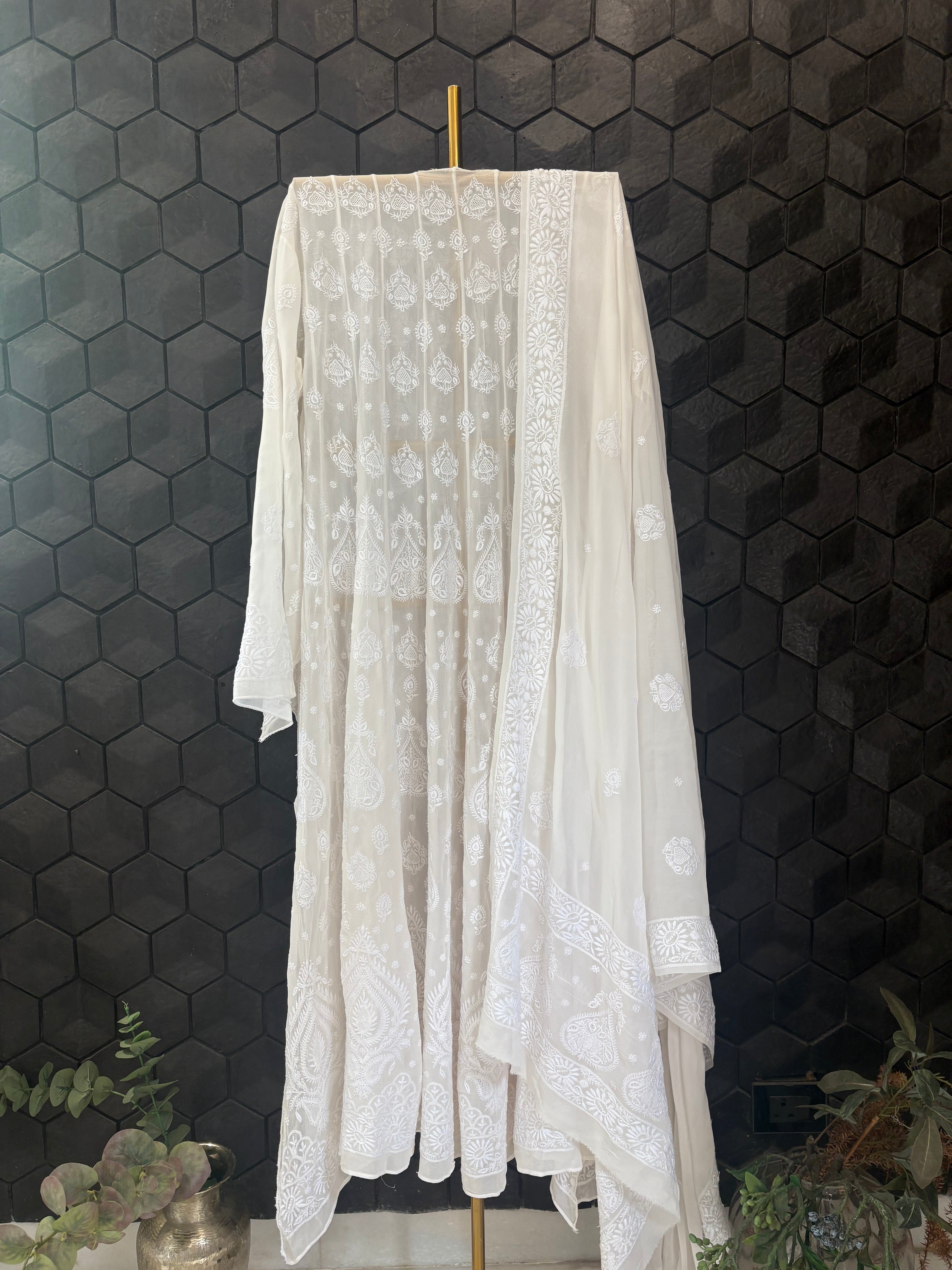 White Georgette Chikankari Anarkali set