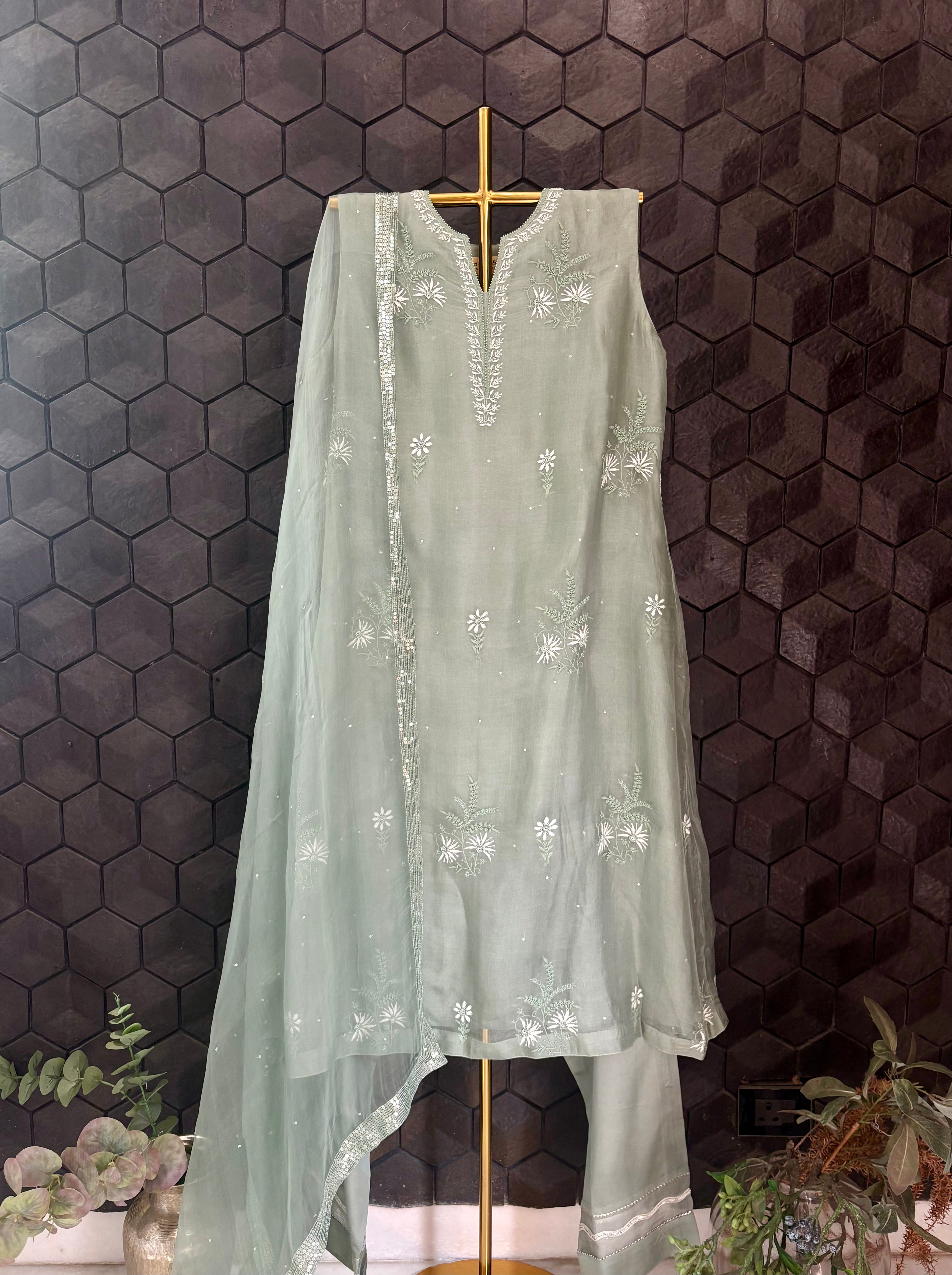 Olive Green Organza Chikankari Suit Set