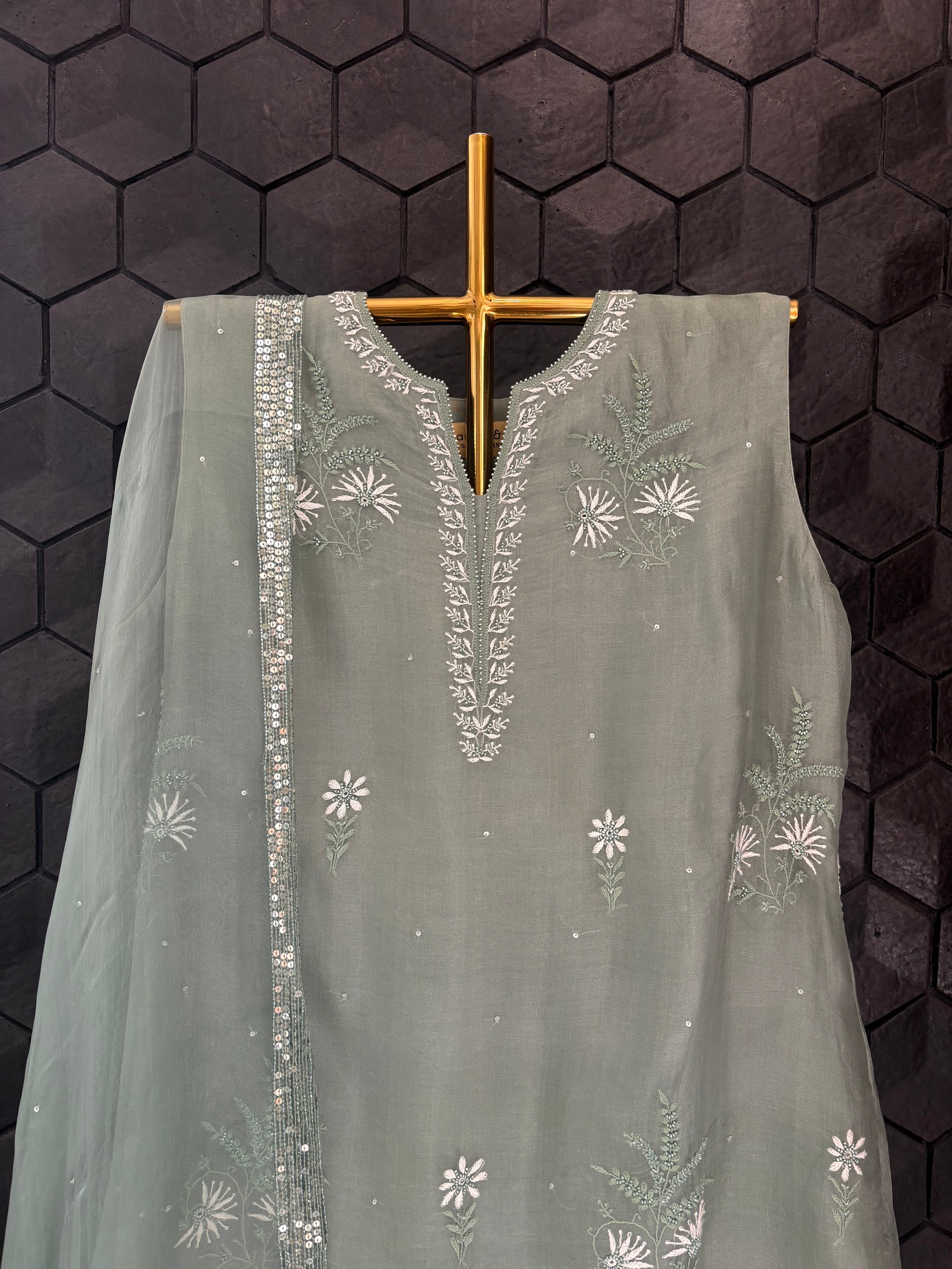 Olive Green Organza Chikankari Suit Set
