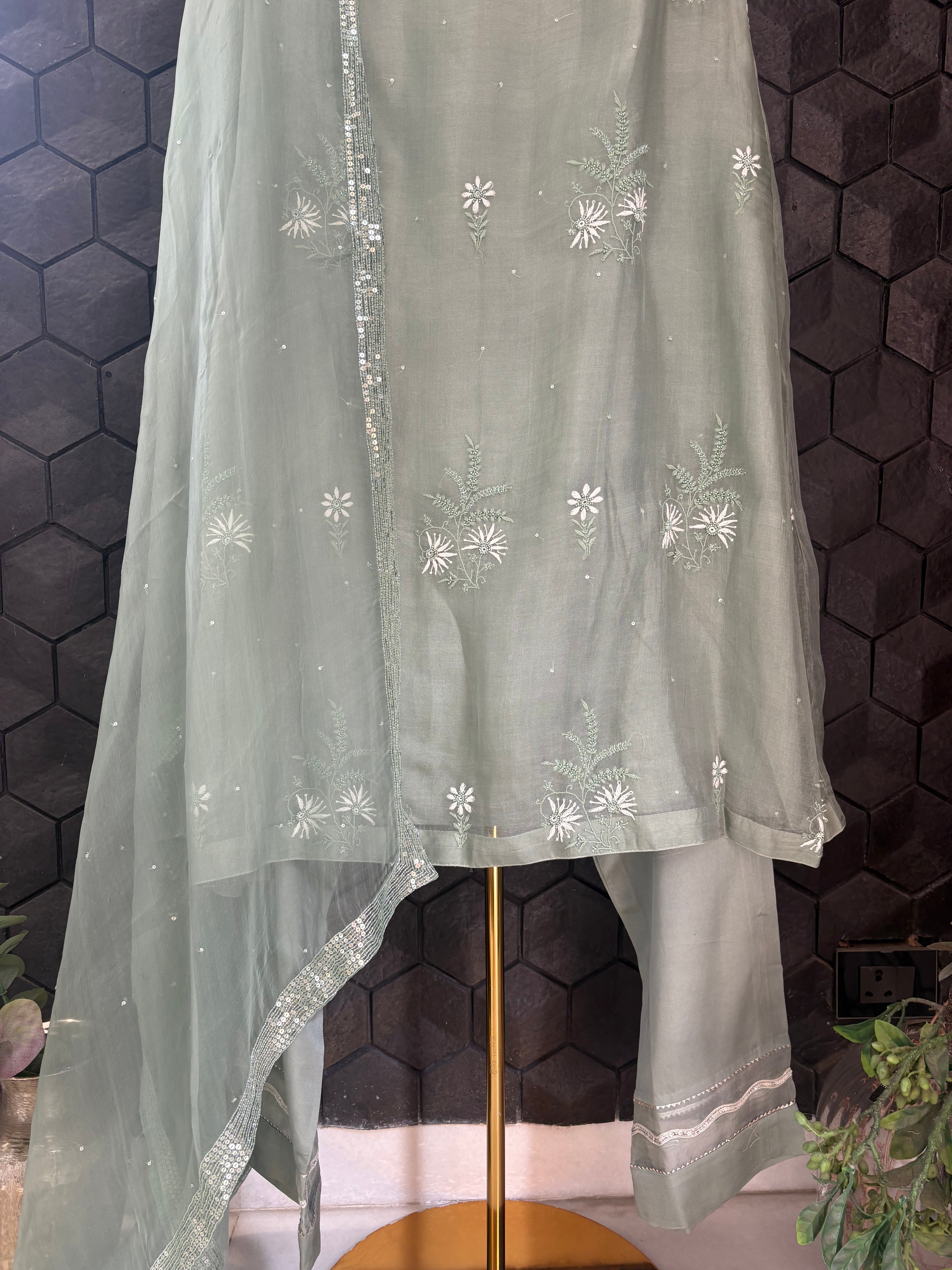 Olive Green Organza Chikankari Suit Set