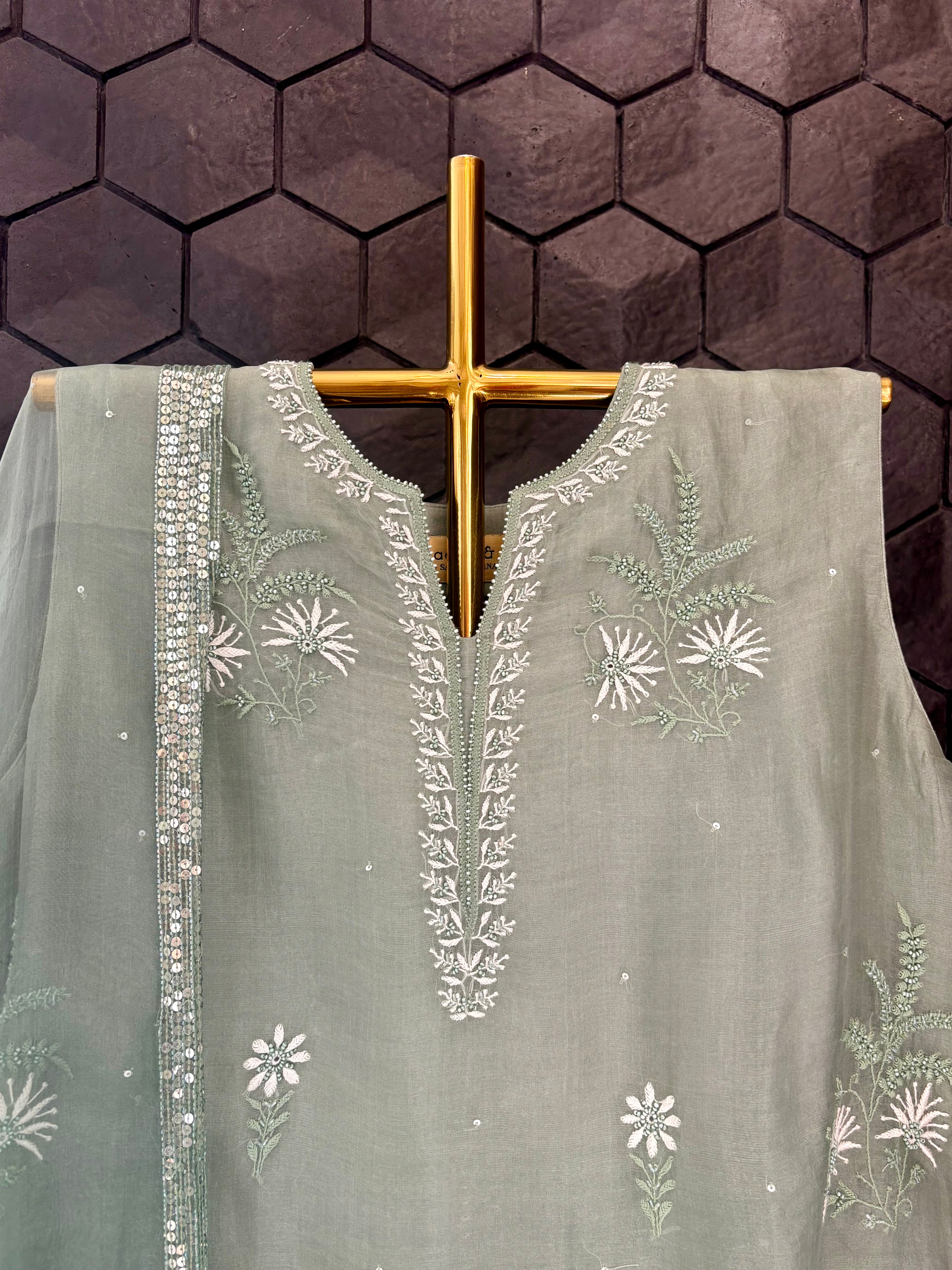 Olive Green Organza Chikankari Suit Set