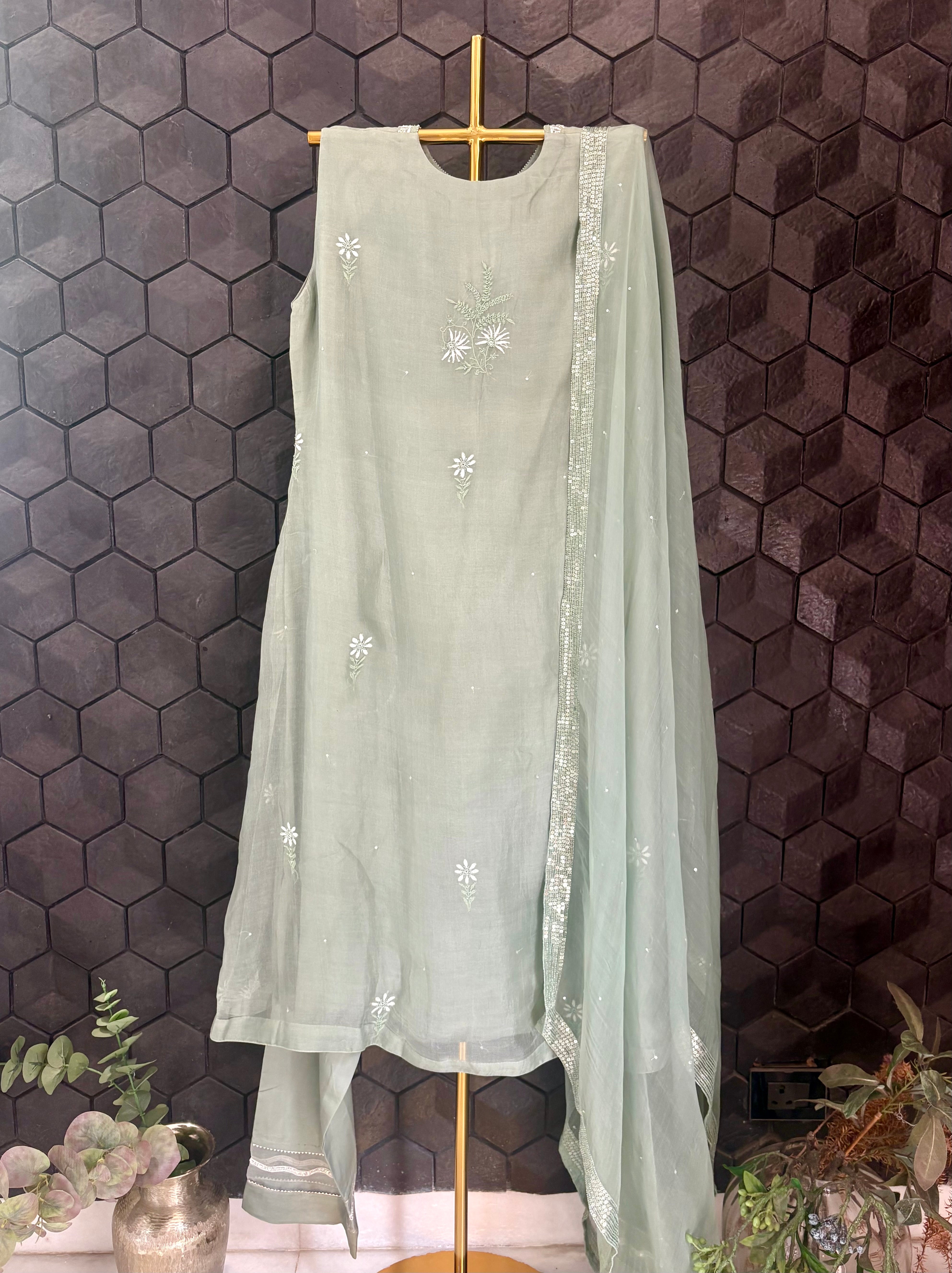 Olive Green Organza Chikankari Suit Set
