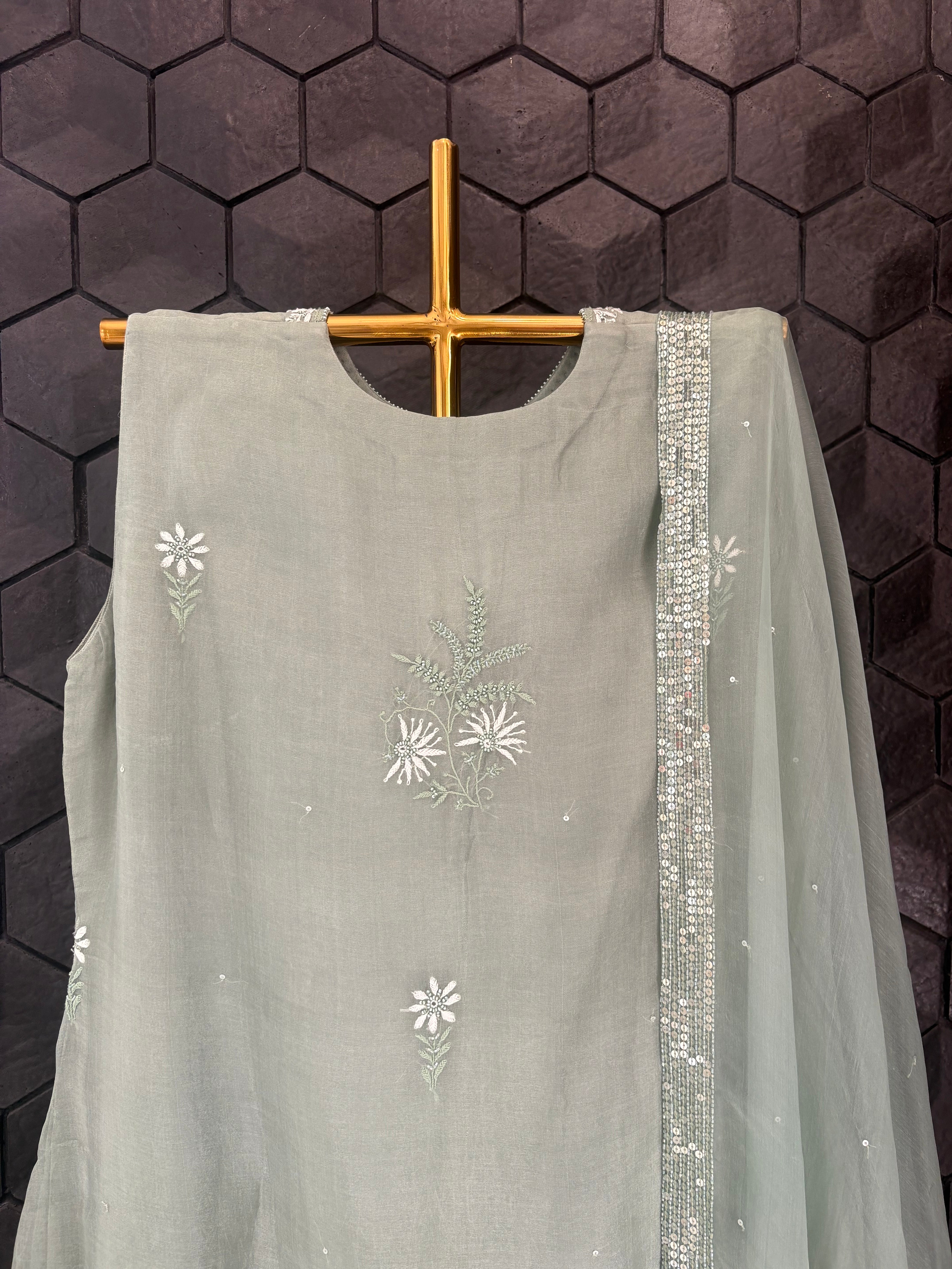 Olive Green Organza Chikankari Suit Set