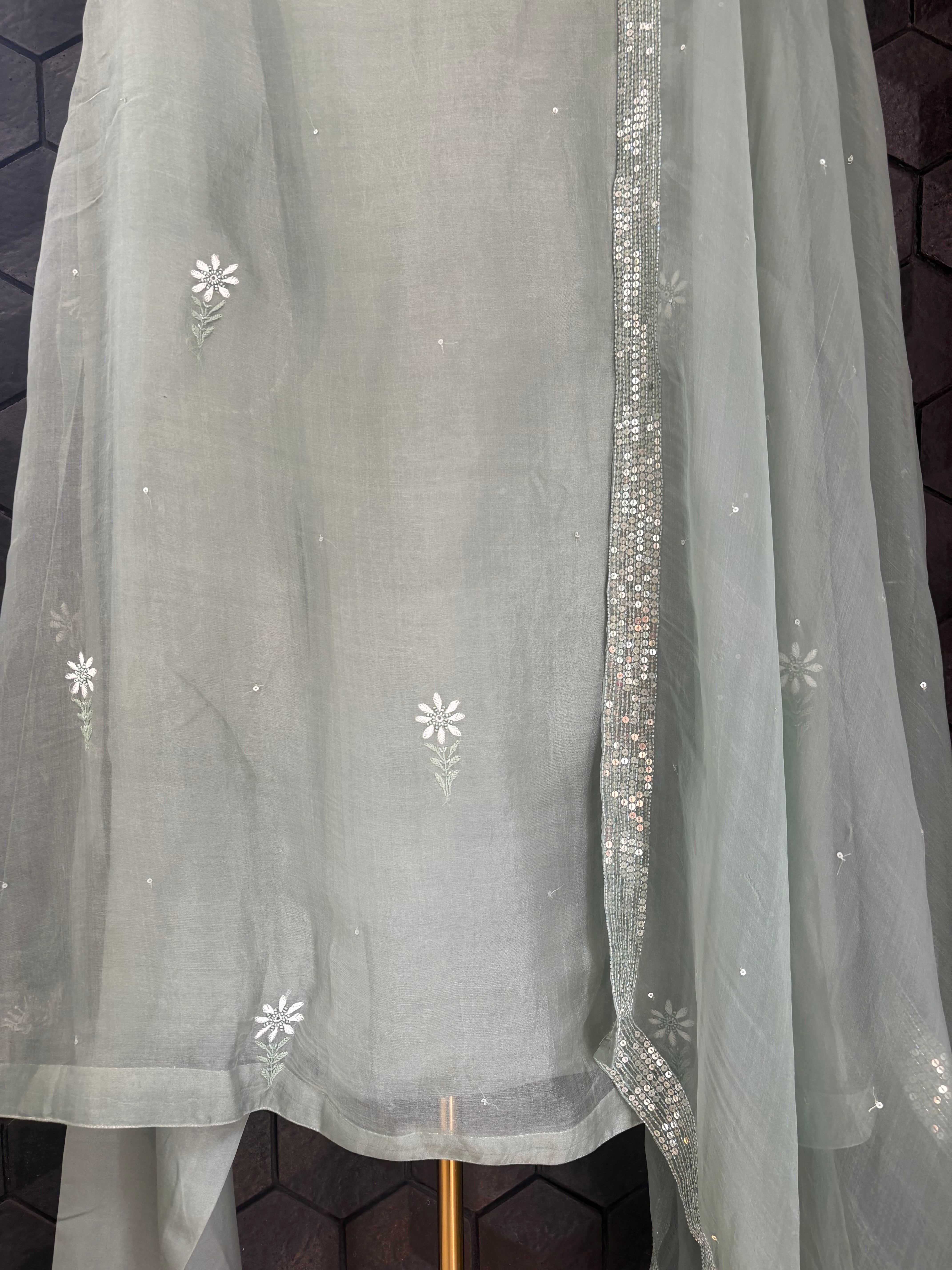 Olive Green Organza Chikankari Suit Set