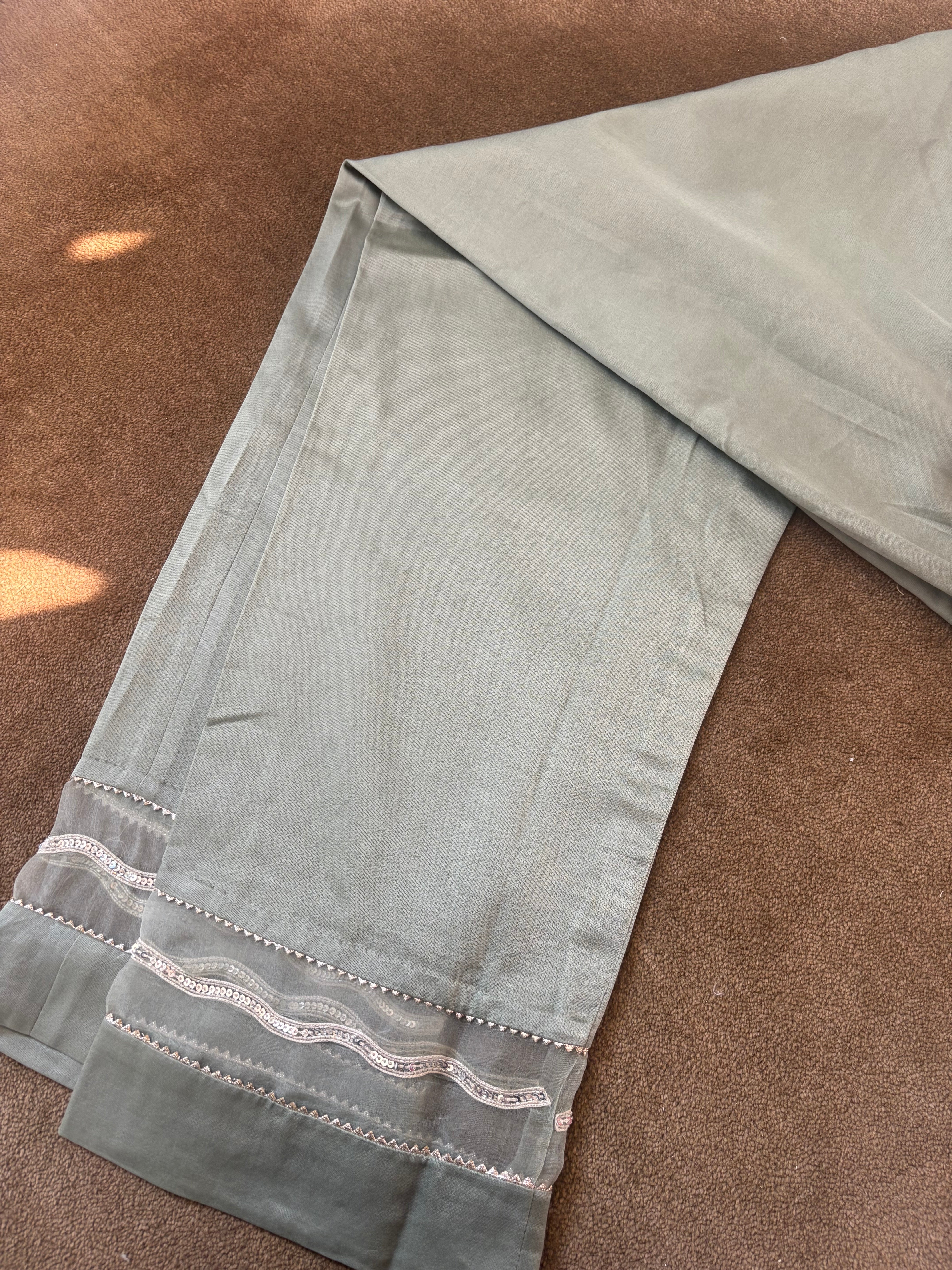 Olive Green Organza Chikankari Suit Set