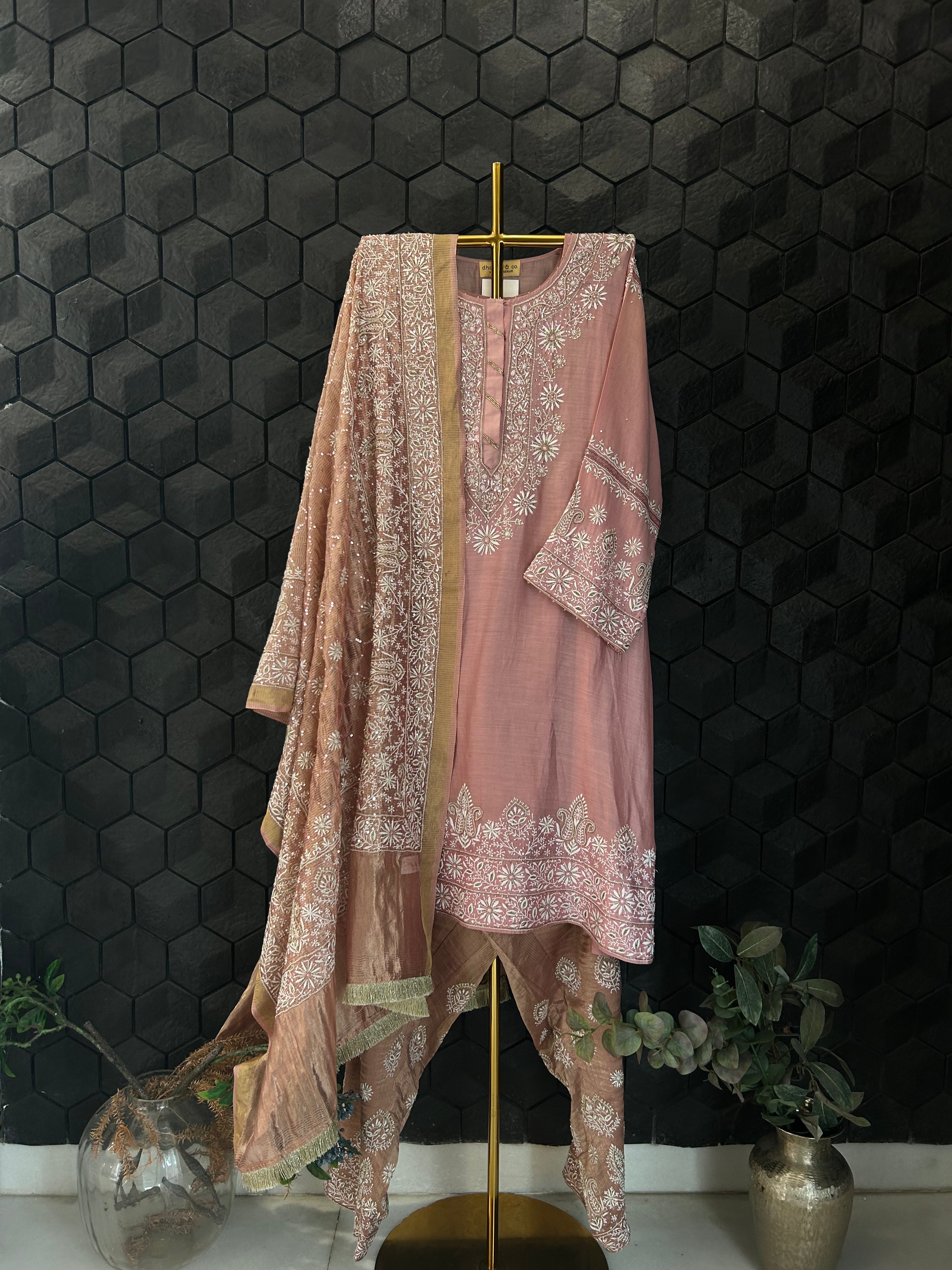 Pink Chanderi Chikankari Anarkali Set
