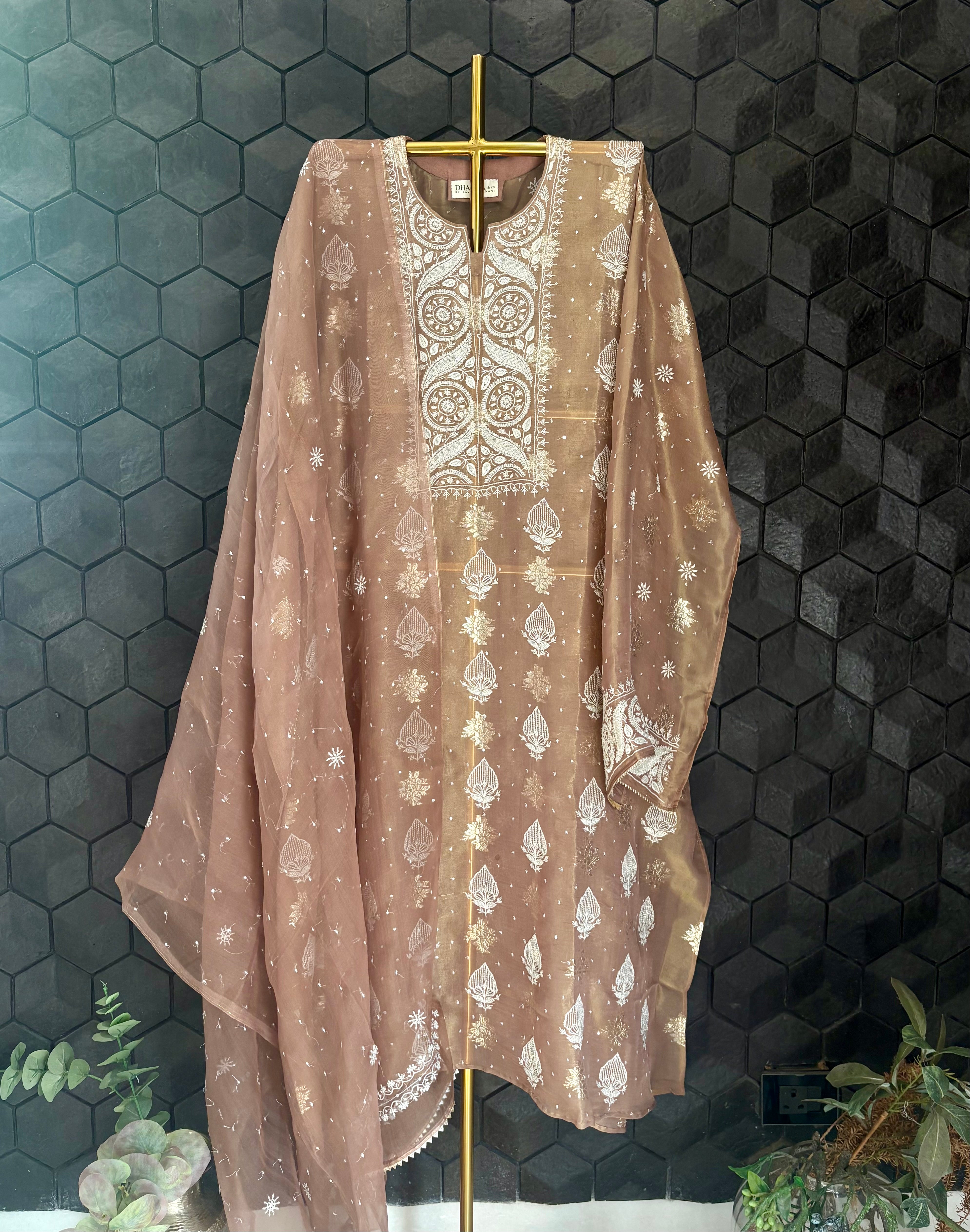 Brown Organza Chikankari Kurta Set