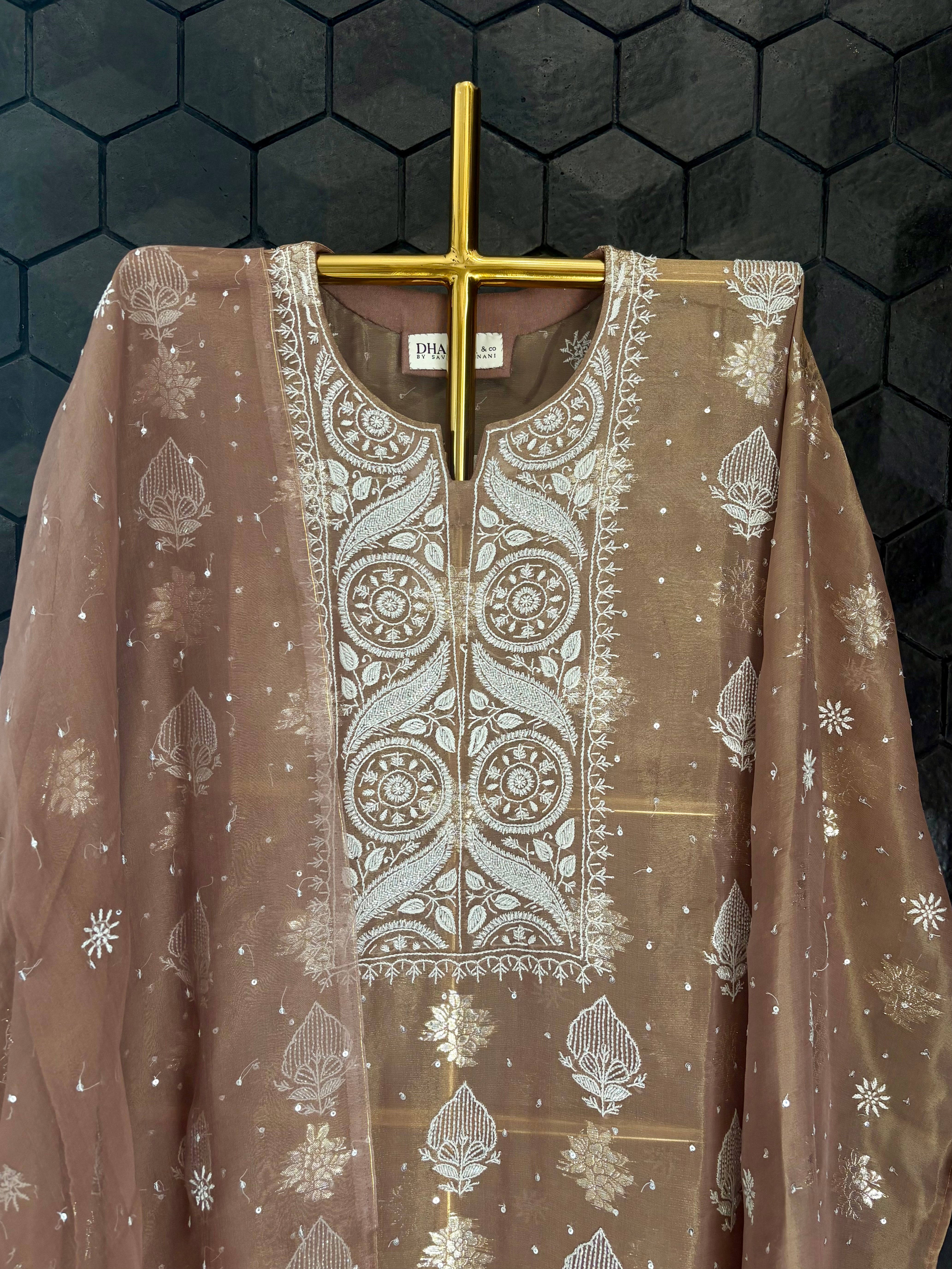 Brown Organza Chikankari Kurta Set