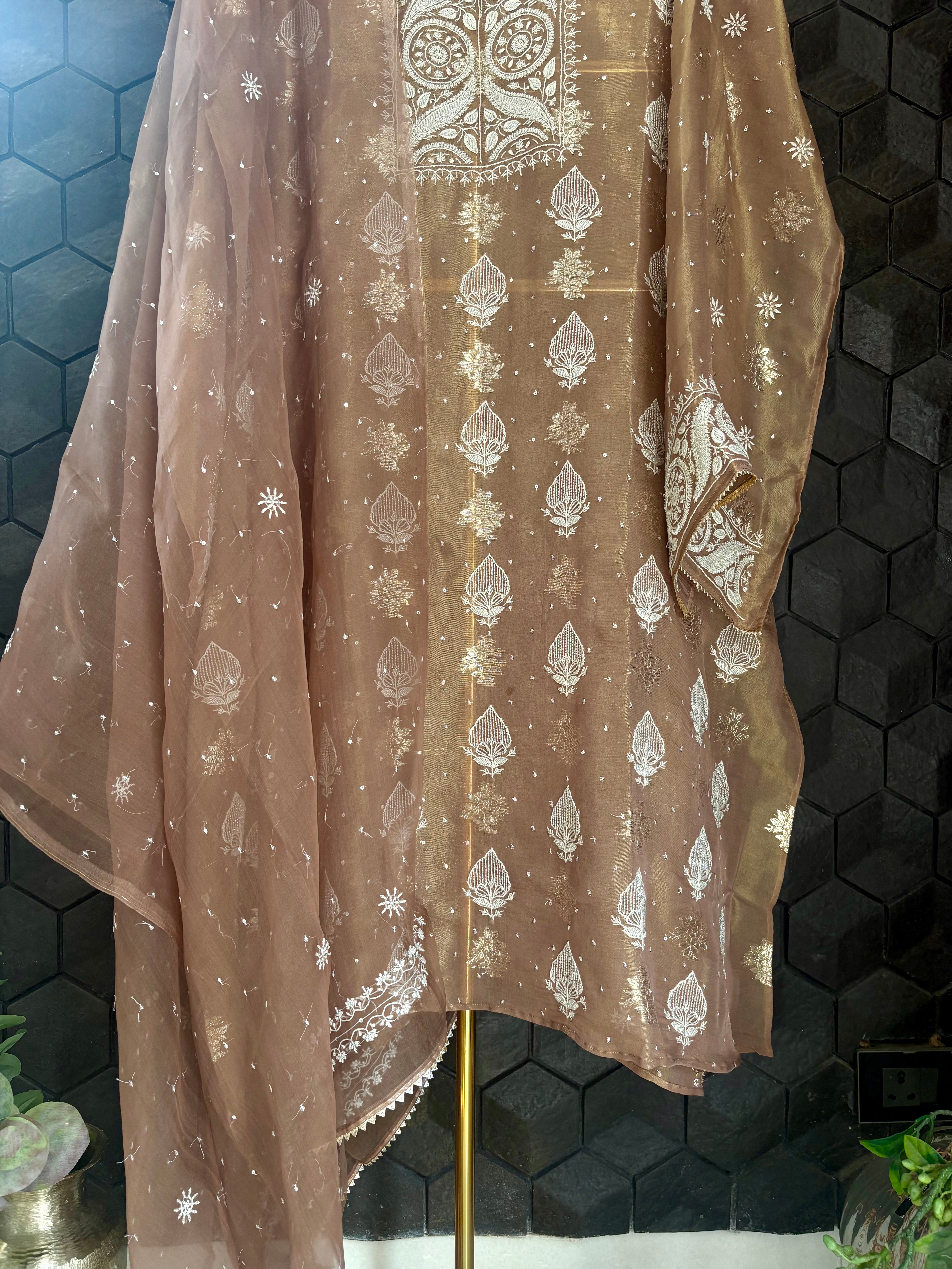 Brown Organza Chikankari Kurta Set
