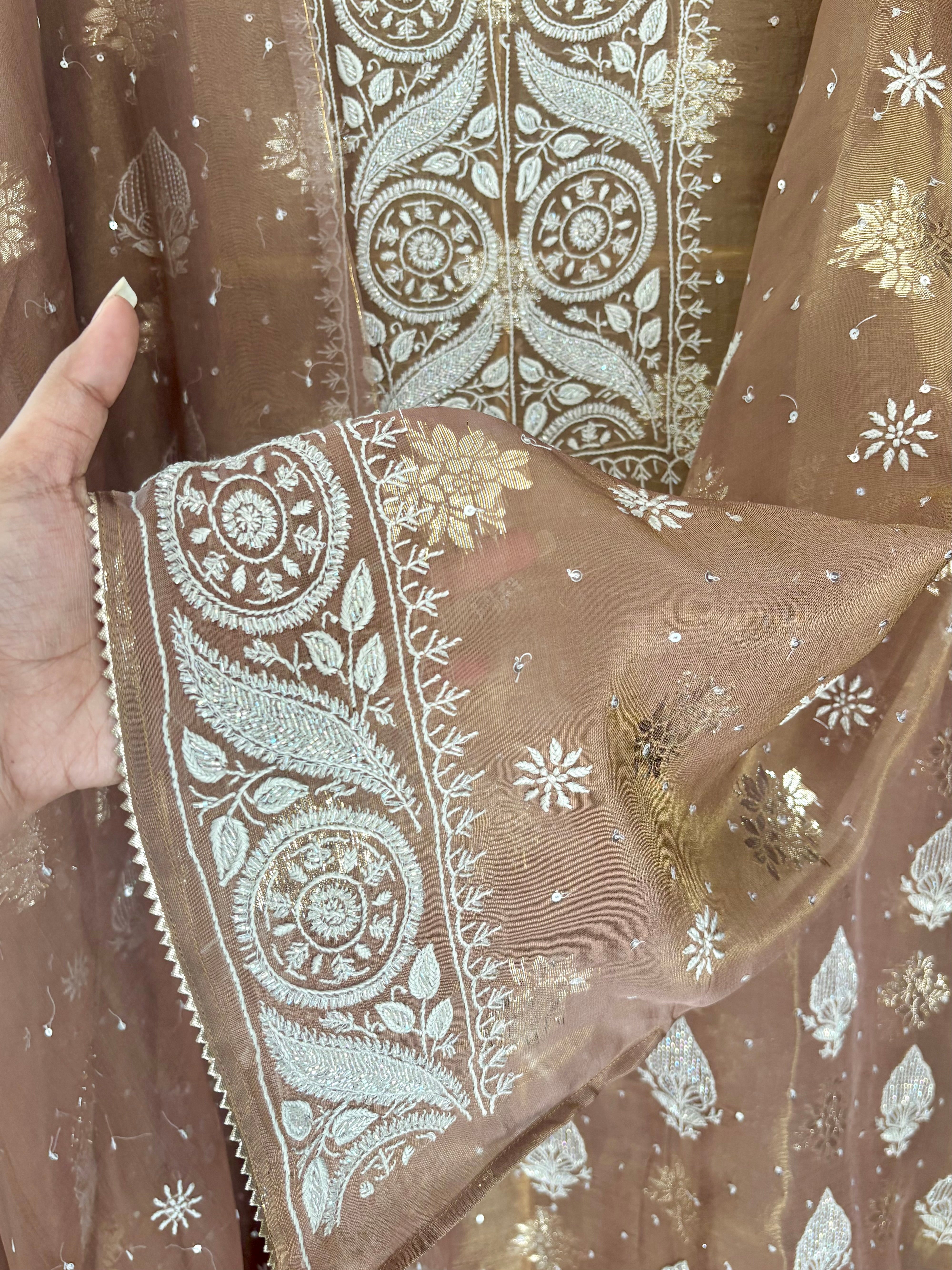 Brown Organza Chikankari Kurta Set