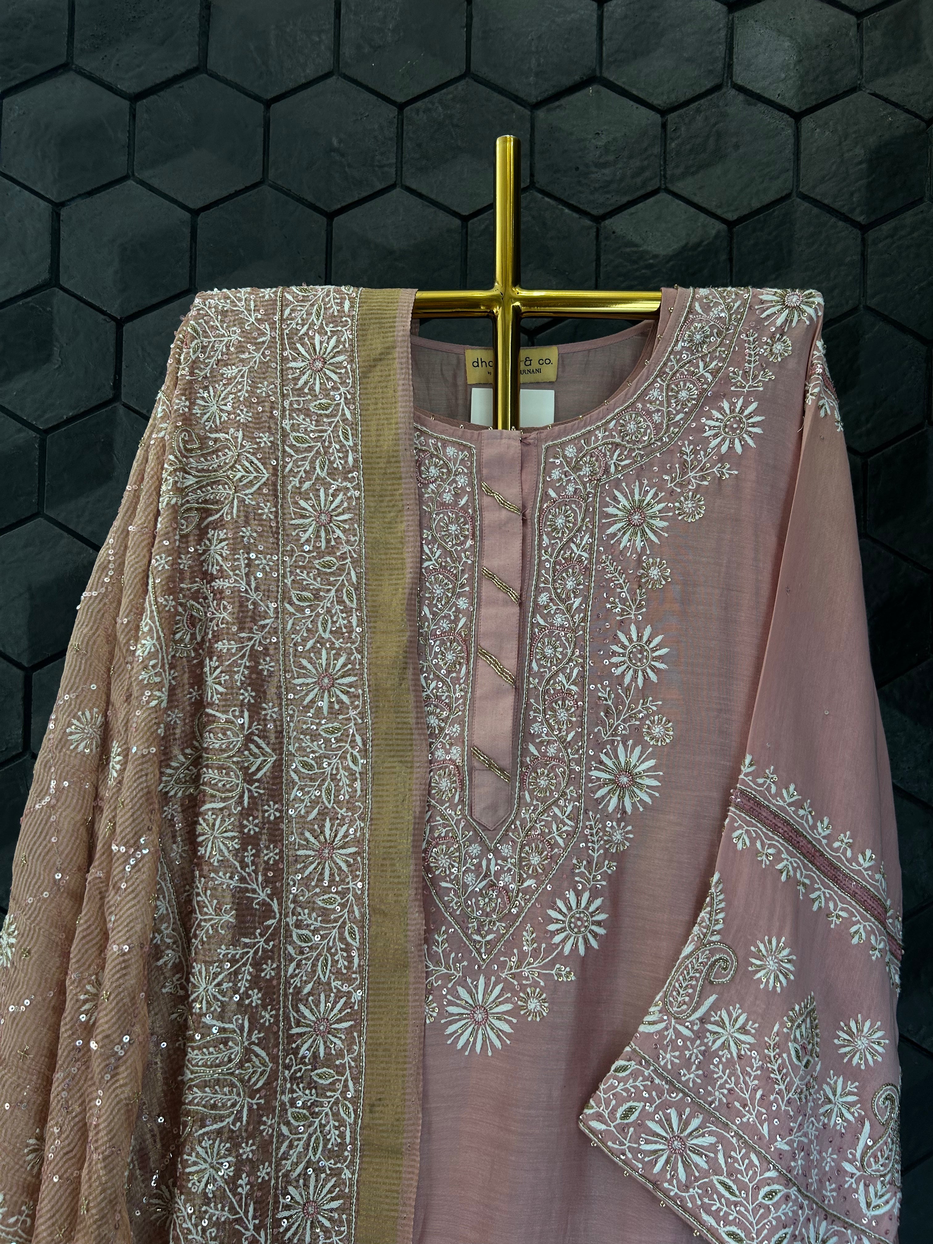 Pink Chanderi Chikankari Anarkali Set