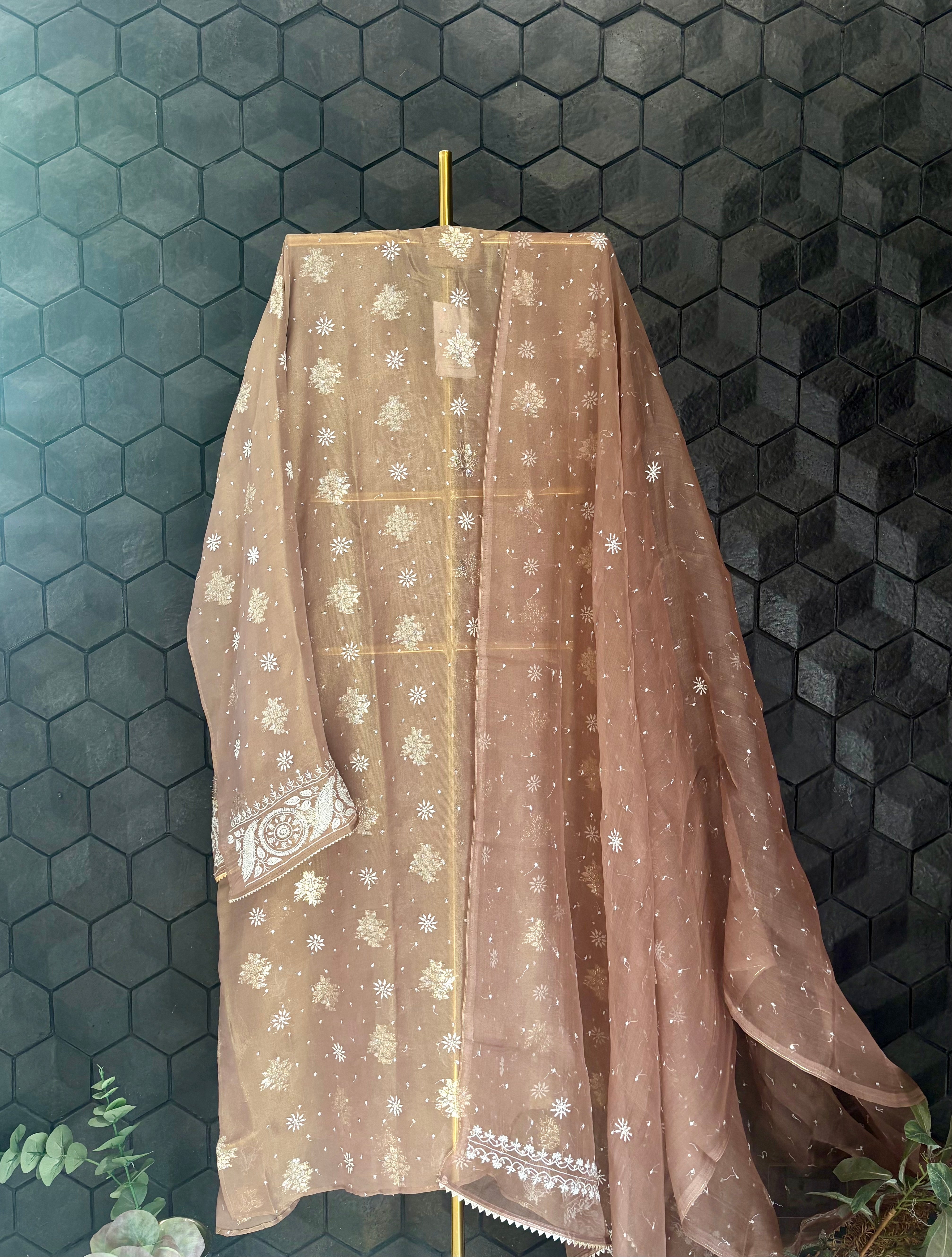 Brown Organza Chikankari Kurta Set