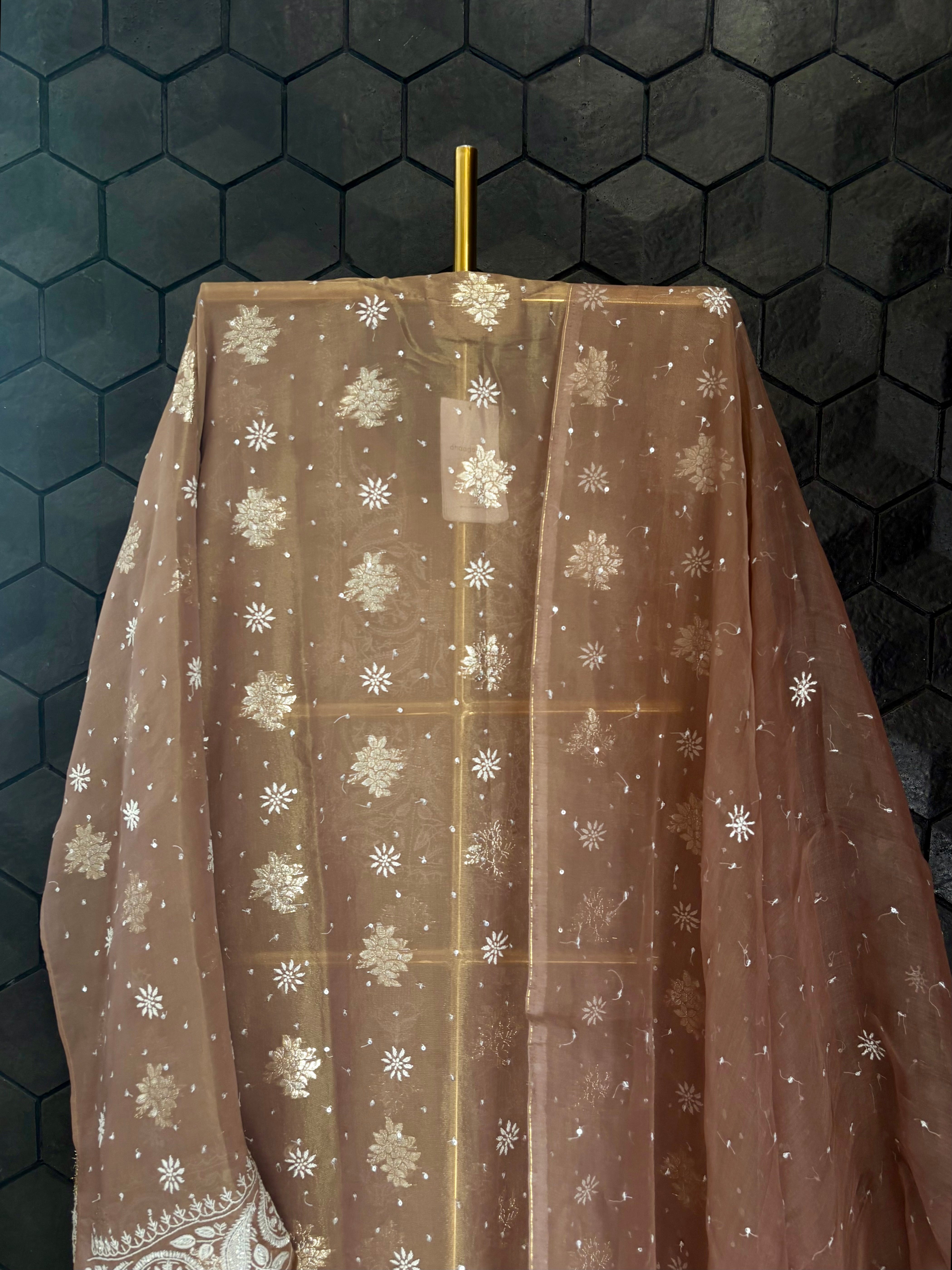 Brown Organza Chikankari Kurta Set