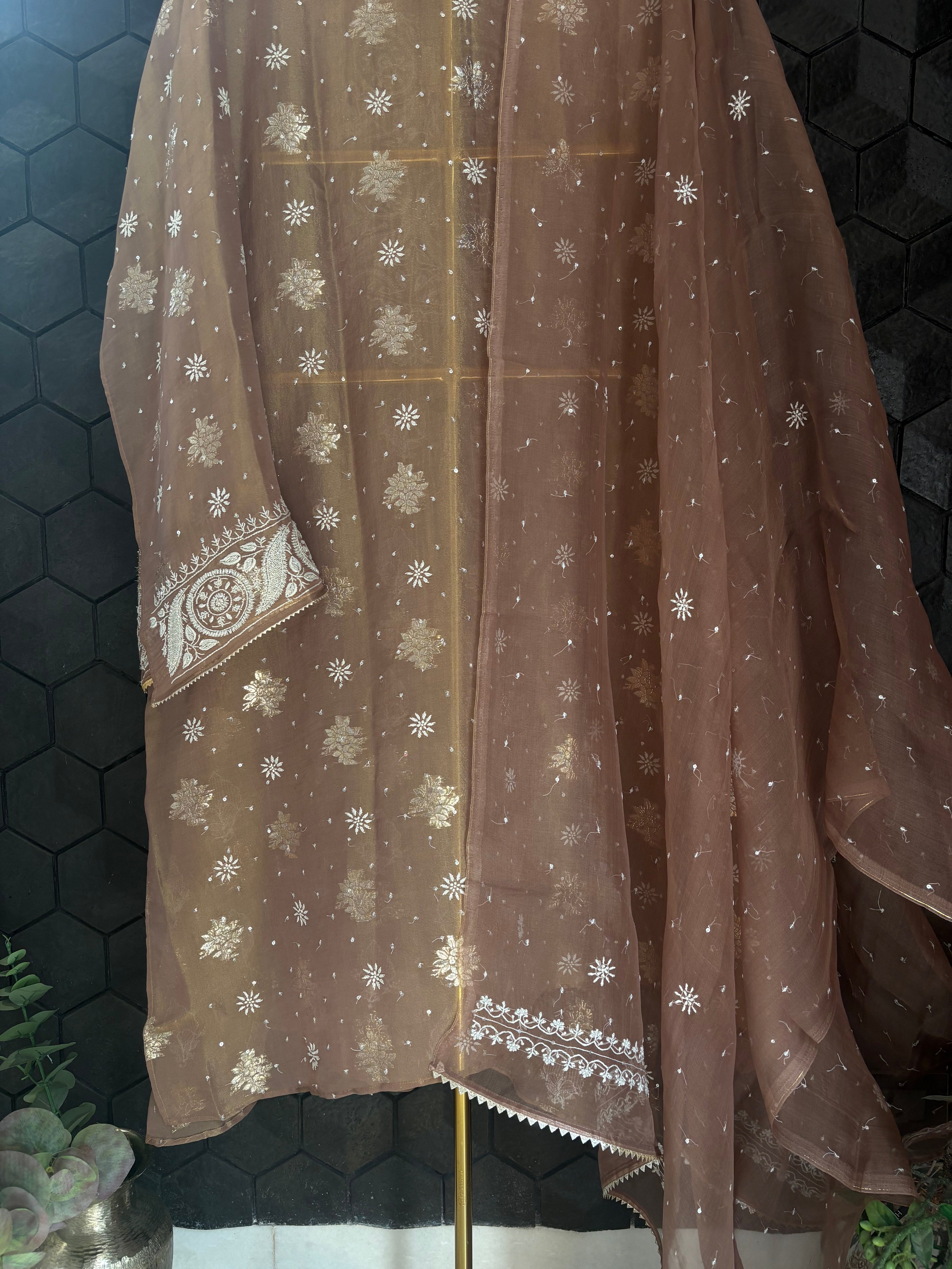 Brown Organza Chikankari Kurta Set