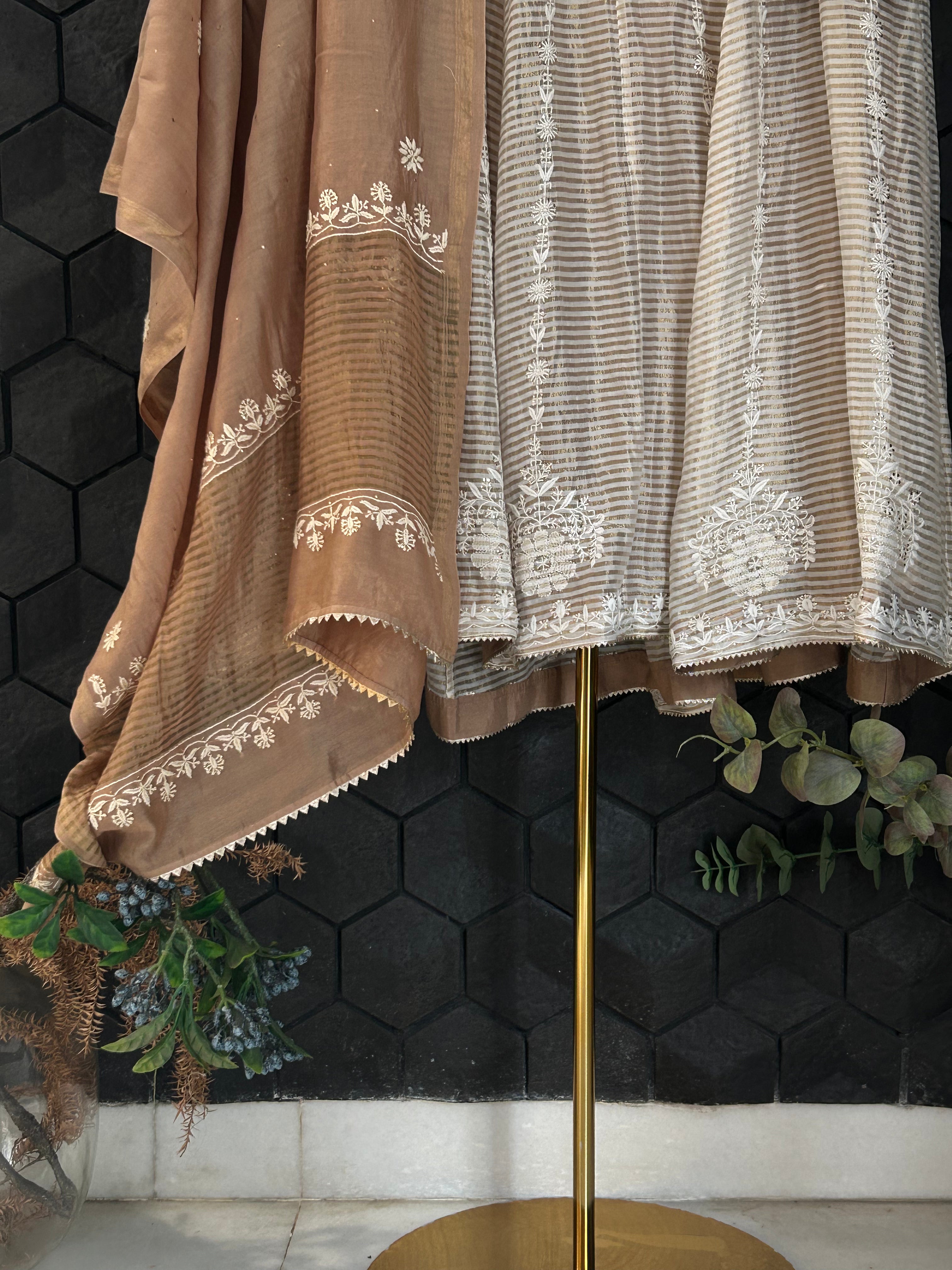 Beige Striped Tissue Chikankari Anarkali Set