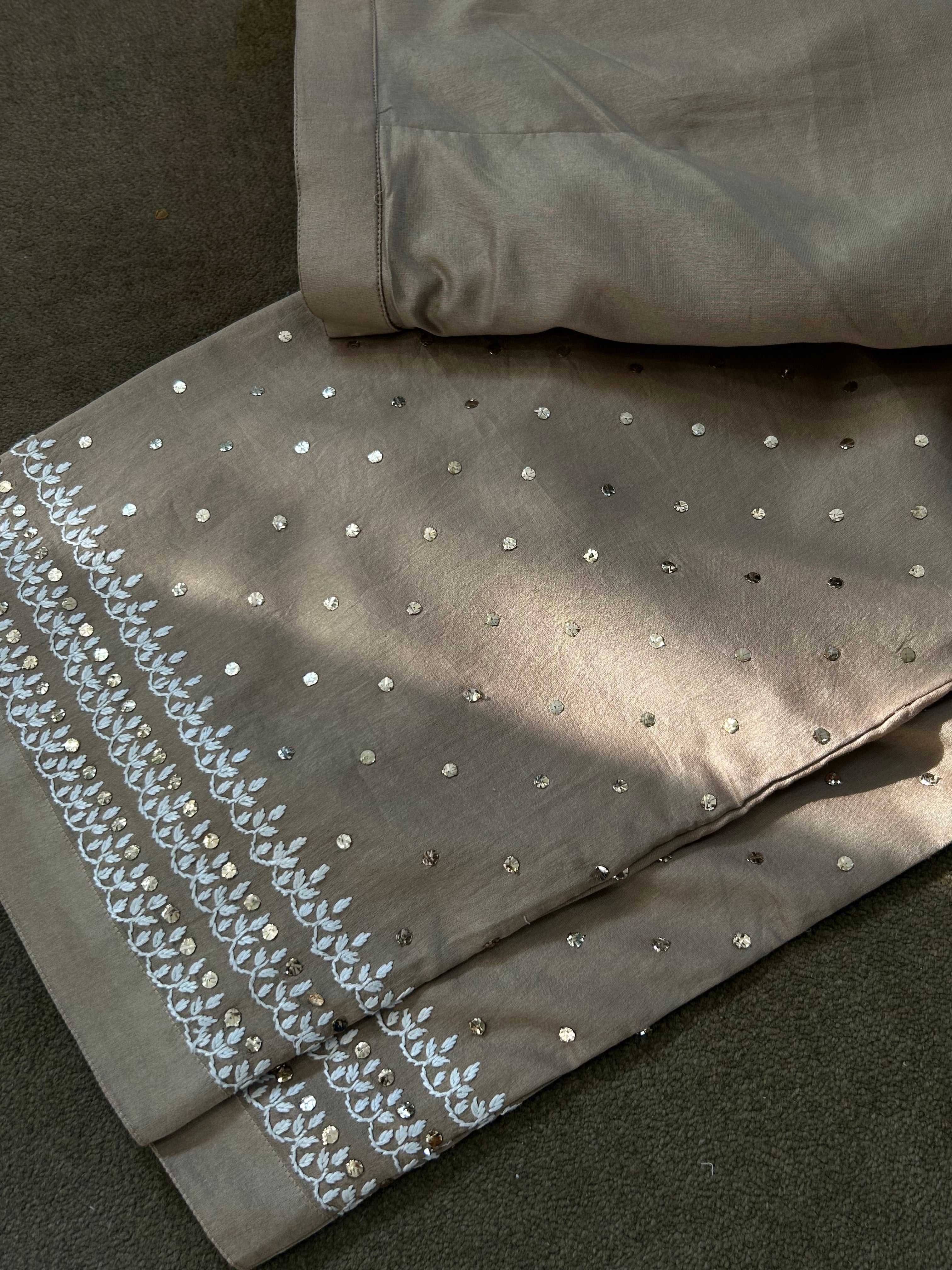 Beige Striped Tissue Chikankari Anarkali Set