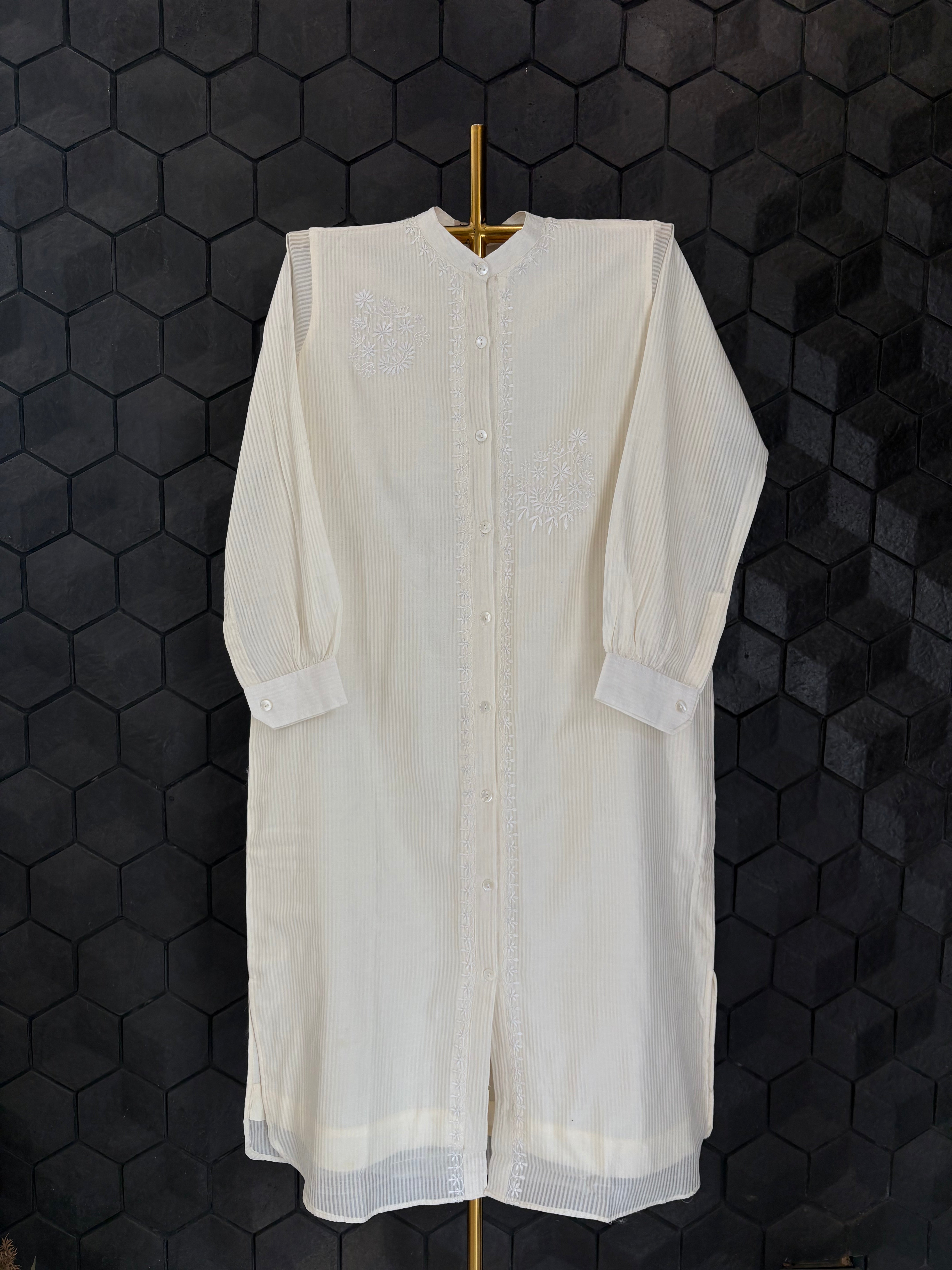 White Chanderi Chikankari long Shirt