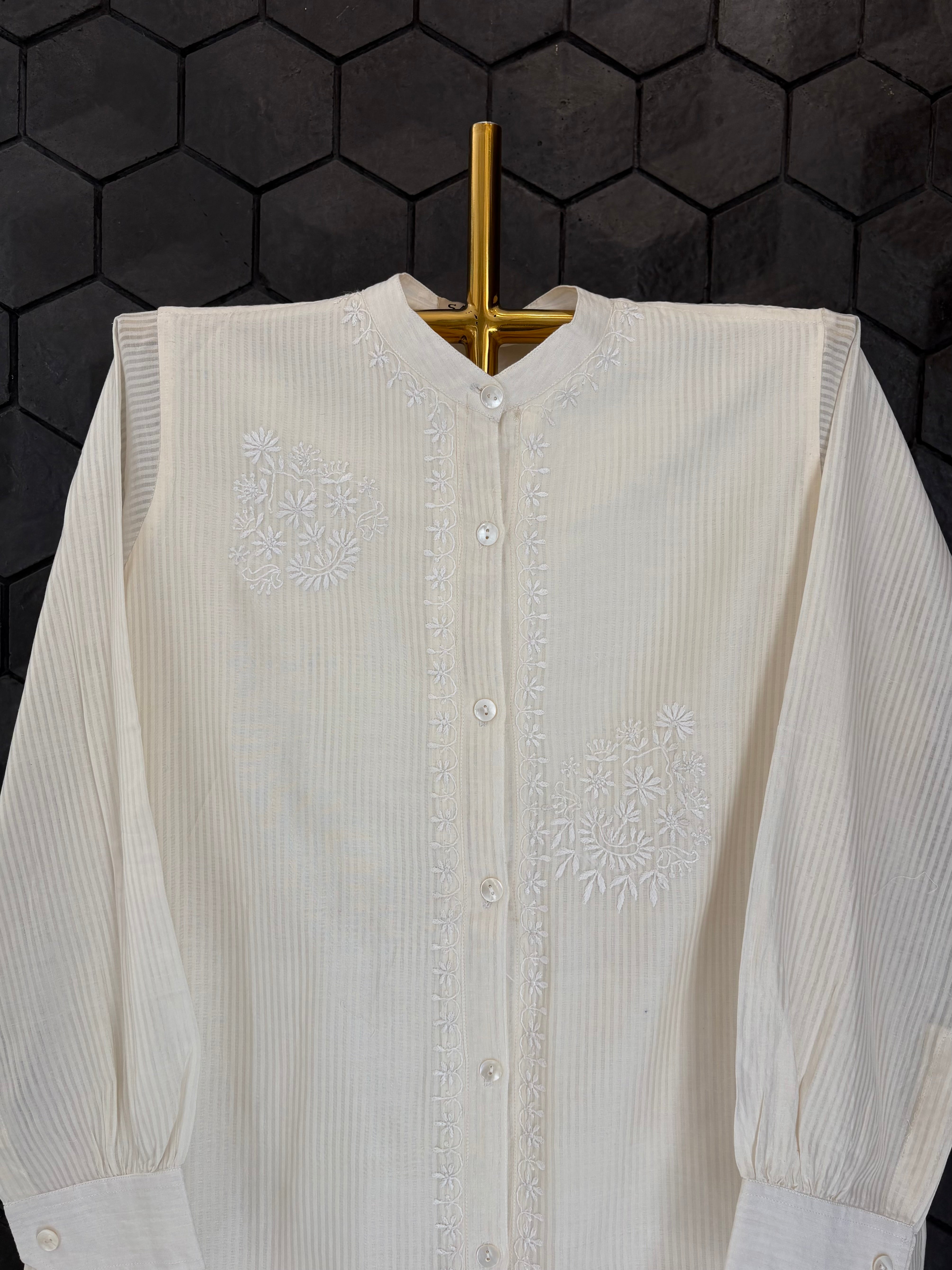 White Chanderi Chikankari long Shirt