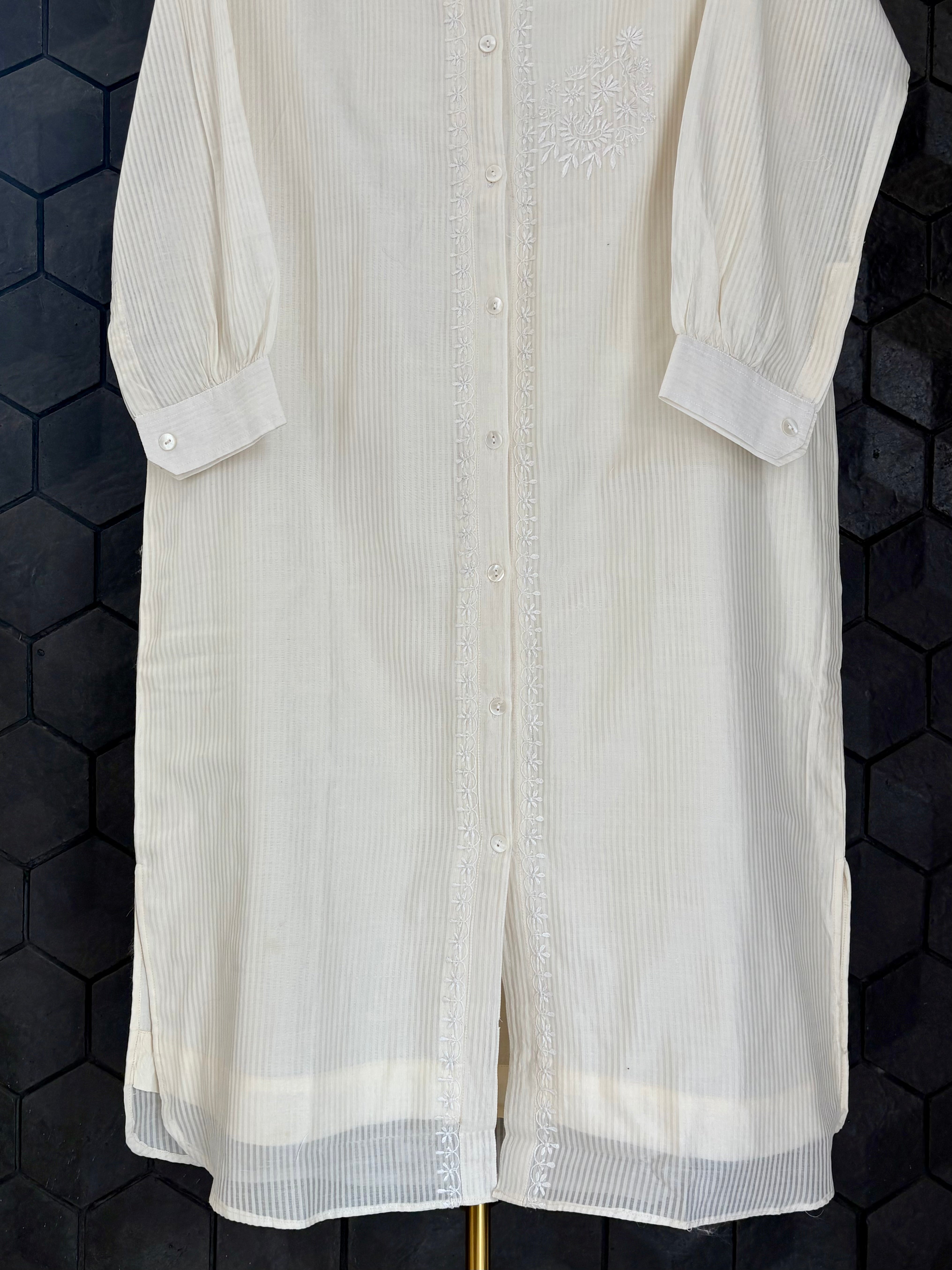 White Chanderi Chikankari long Shirt