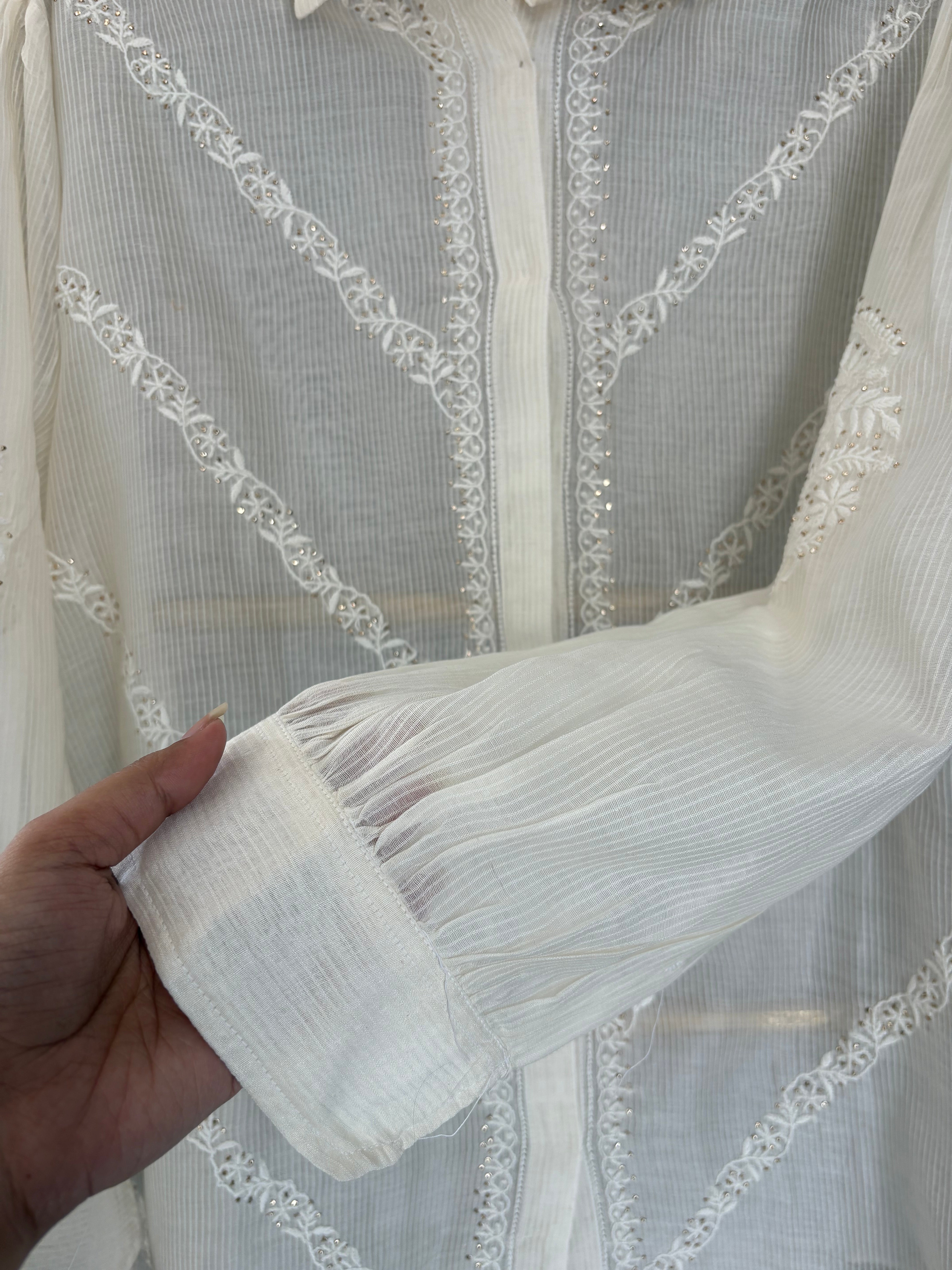 White Maheshwari Chikankari Shirt