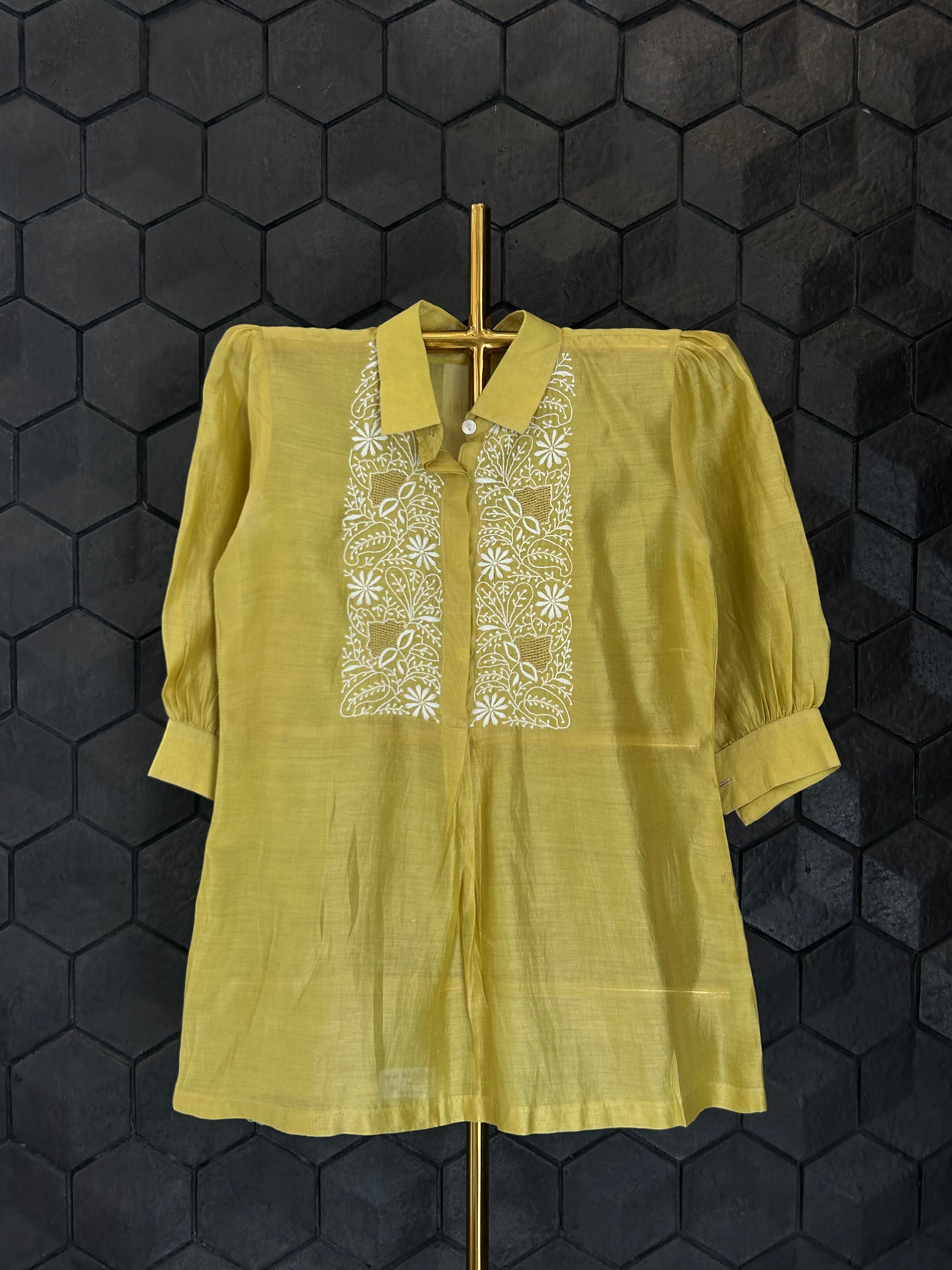 Lime Green Chanderi Chikankari Shirt