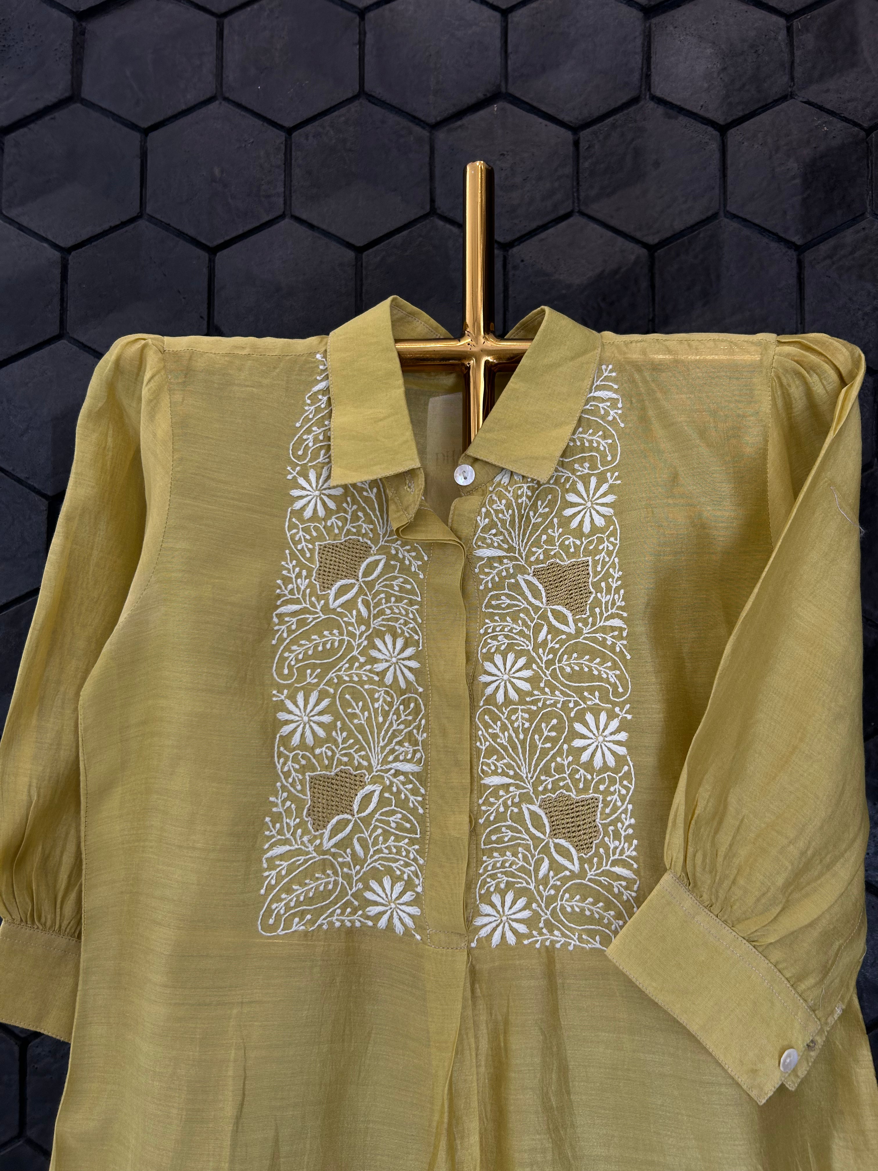 Lime Green Chanderi Chikankari Shirt