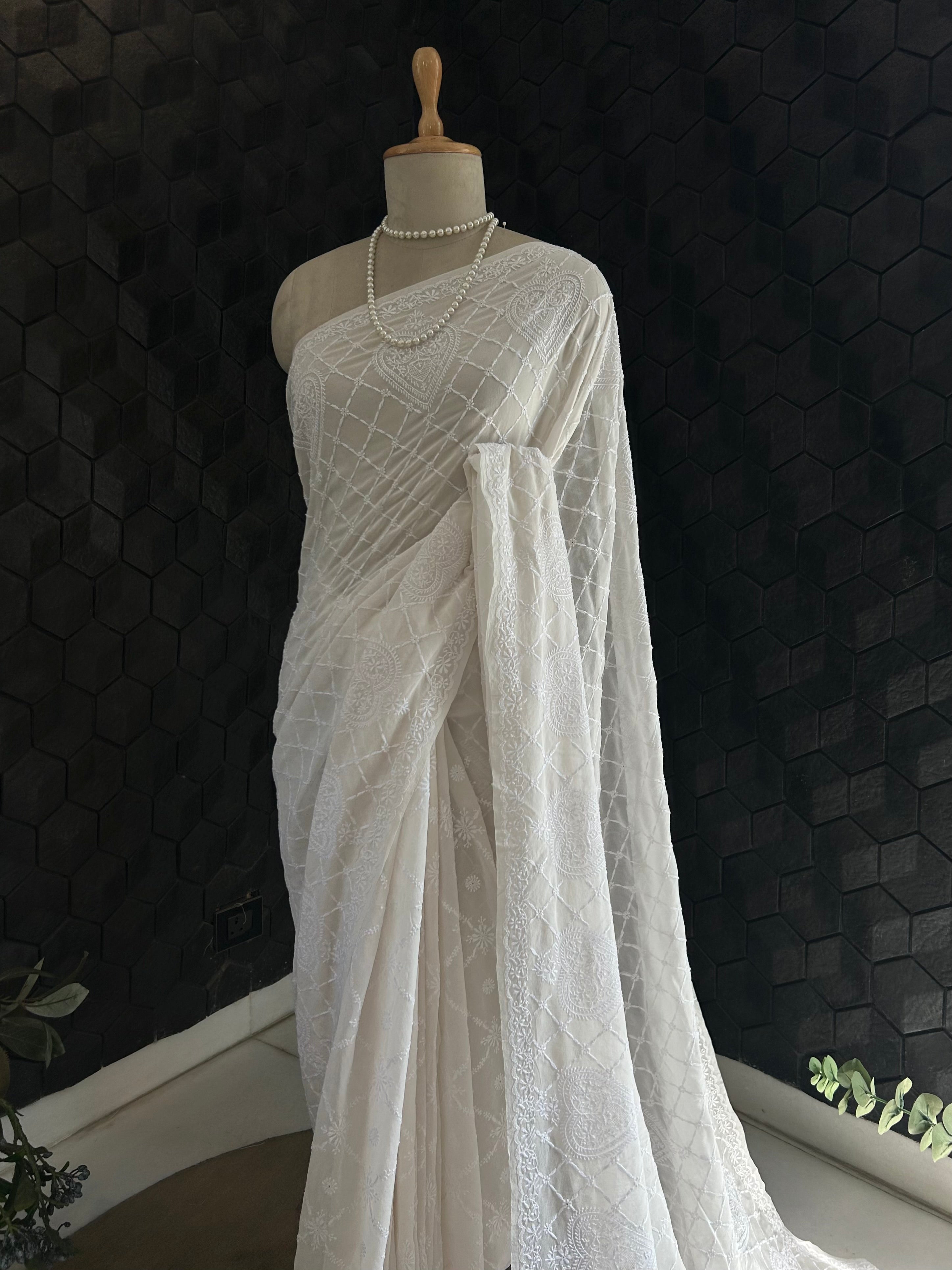 Premium White Georgette Chikankari Saree