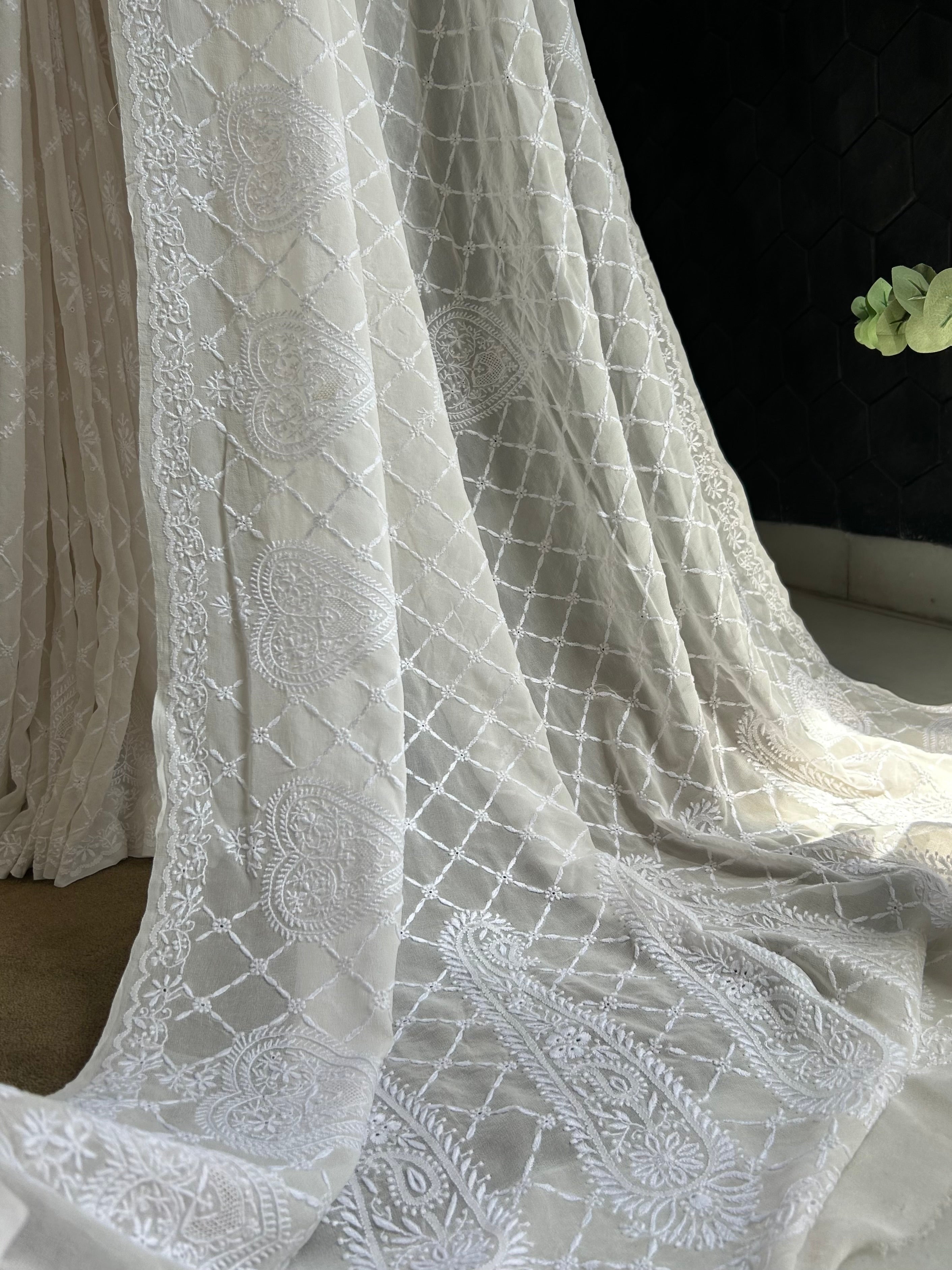 Premium White Georgette Chikankari Saree