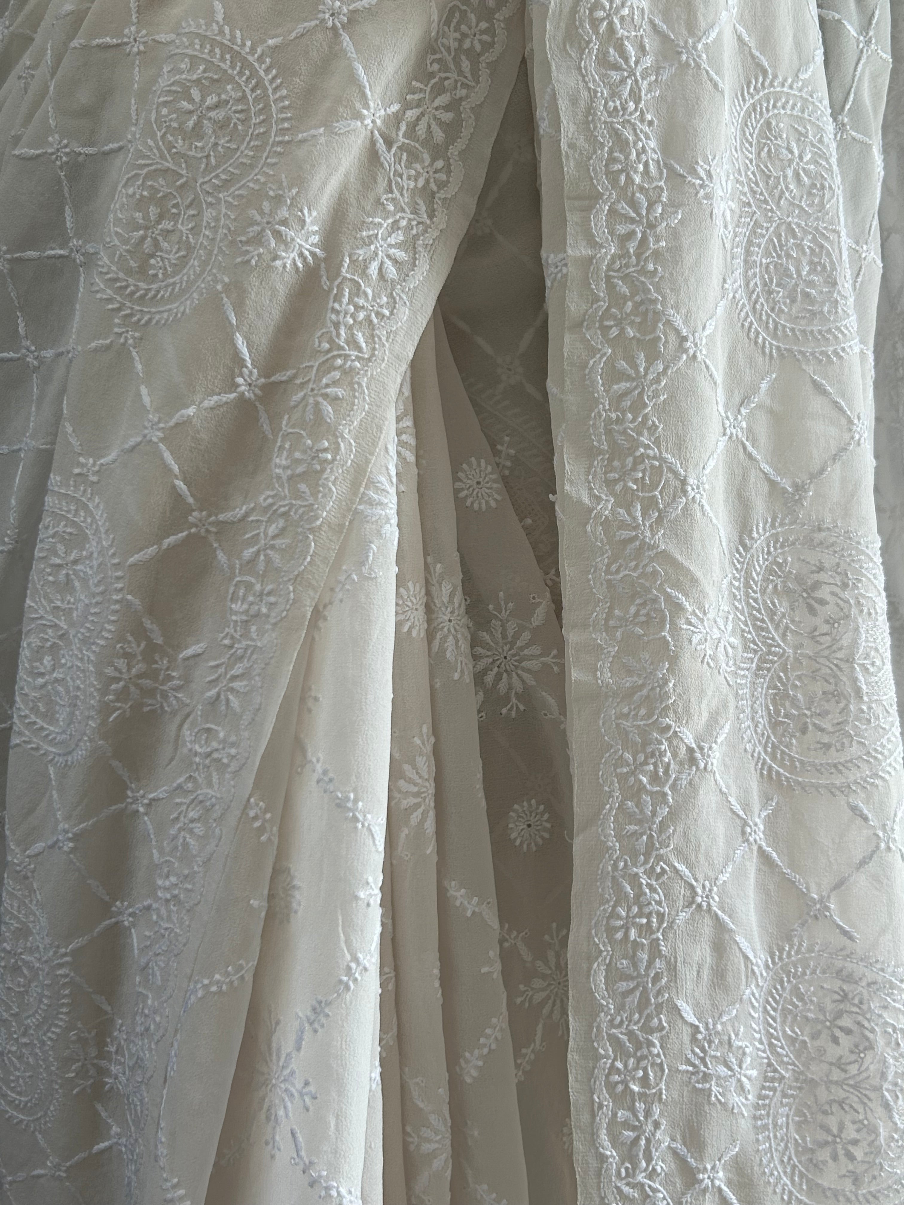 Premium White Georgette Chikankari Saree