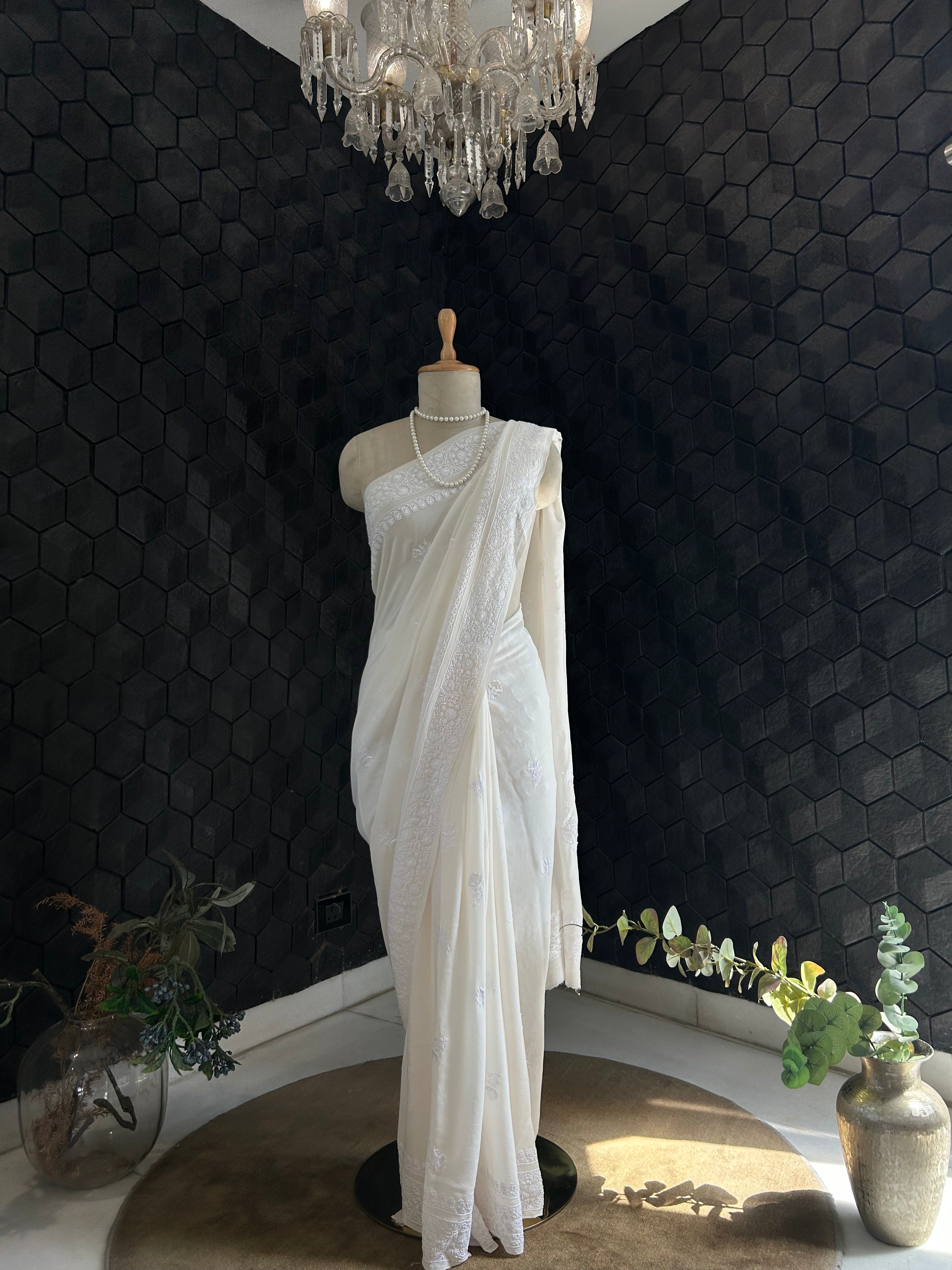 White Chikankari Saree