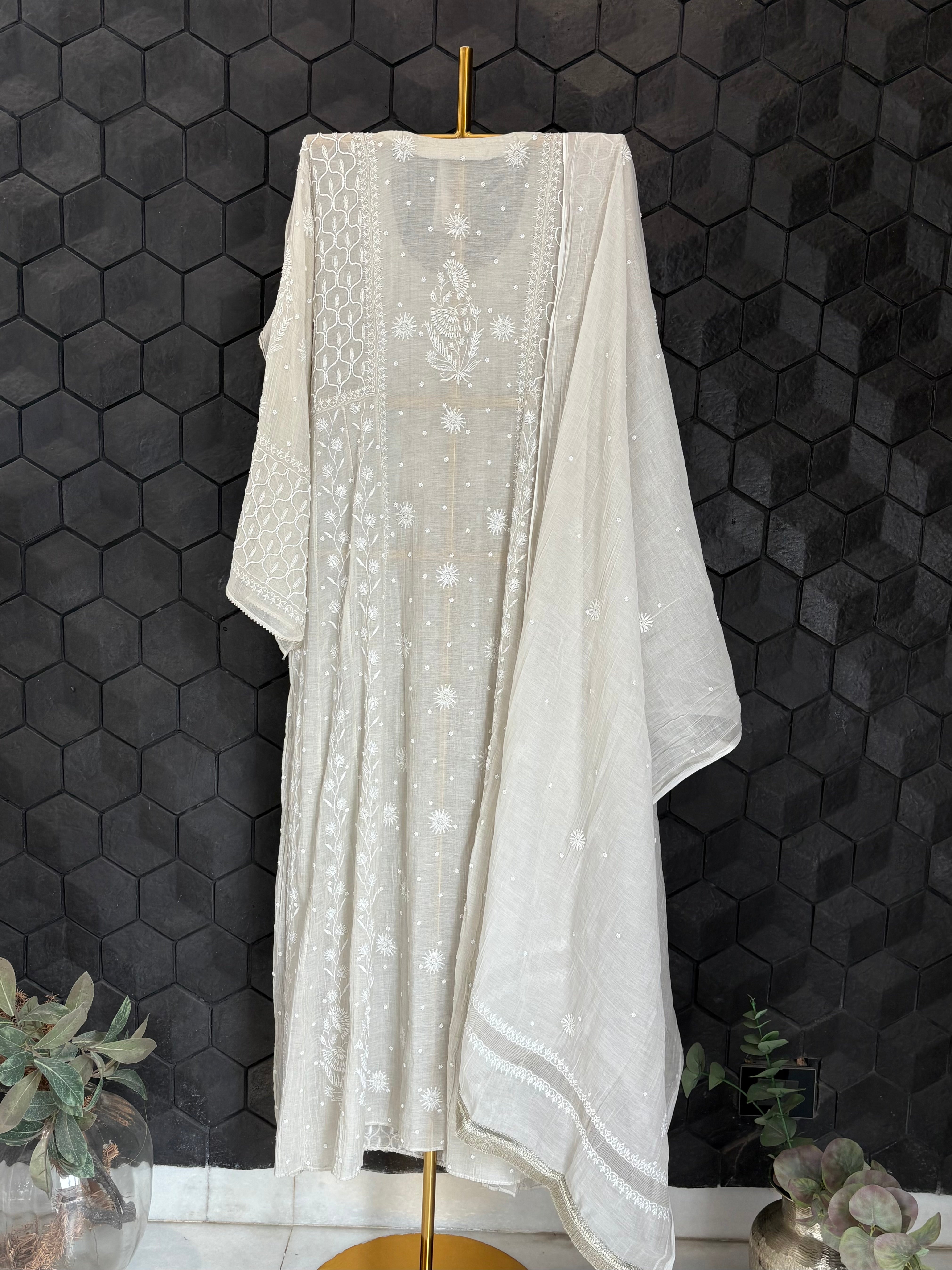 Silver Tissue Chikankari Kurta Set
