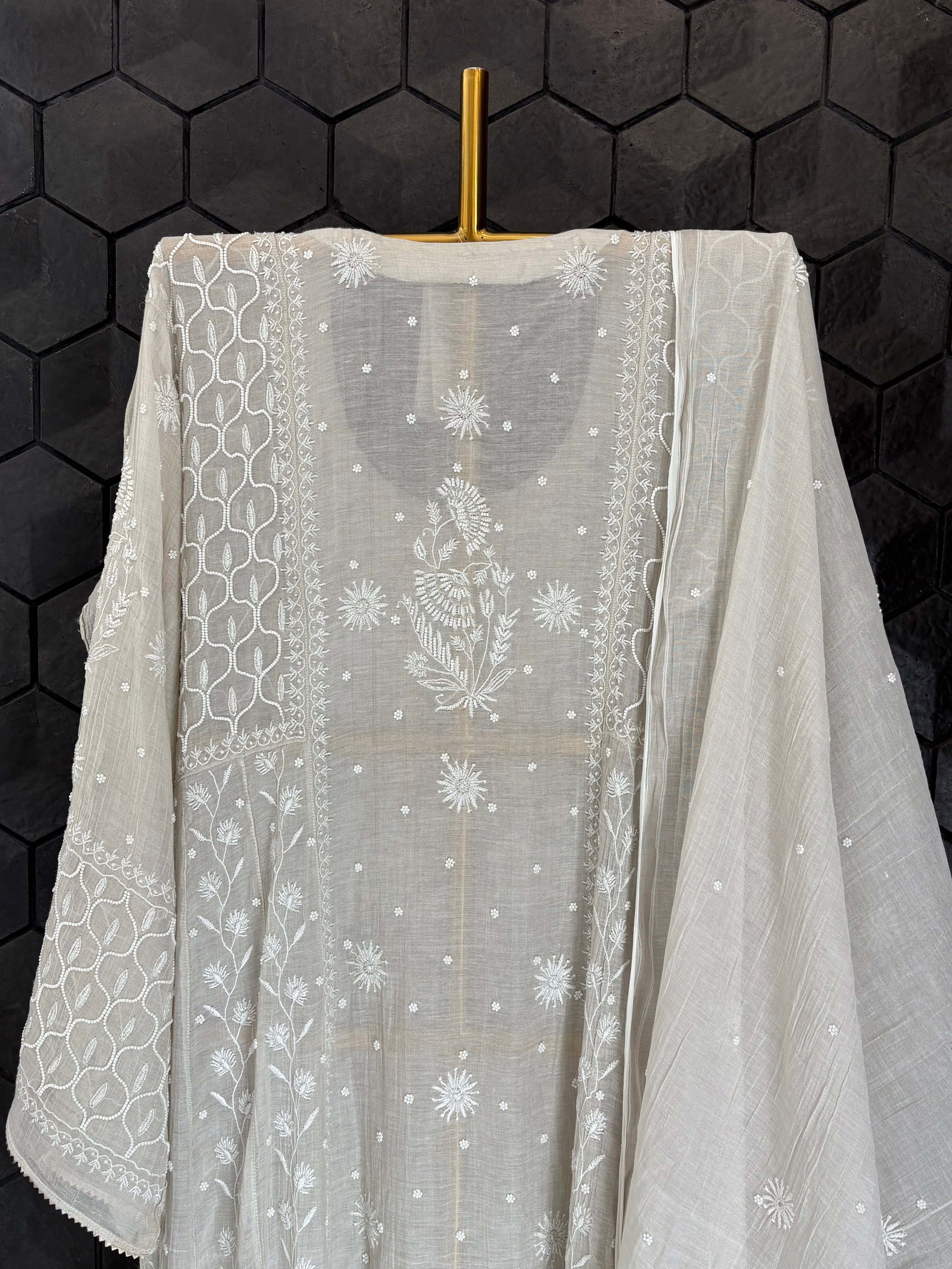 Silver Tissue Chikankari Kurta Set