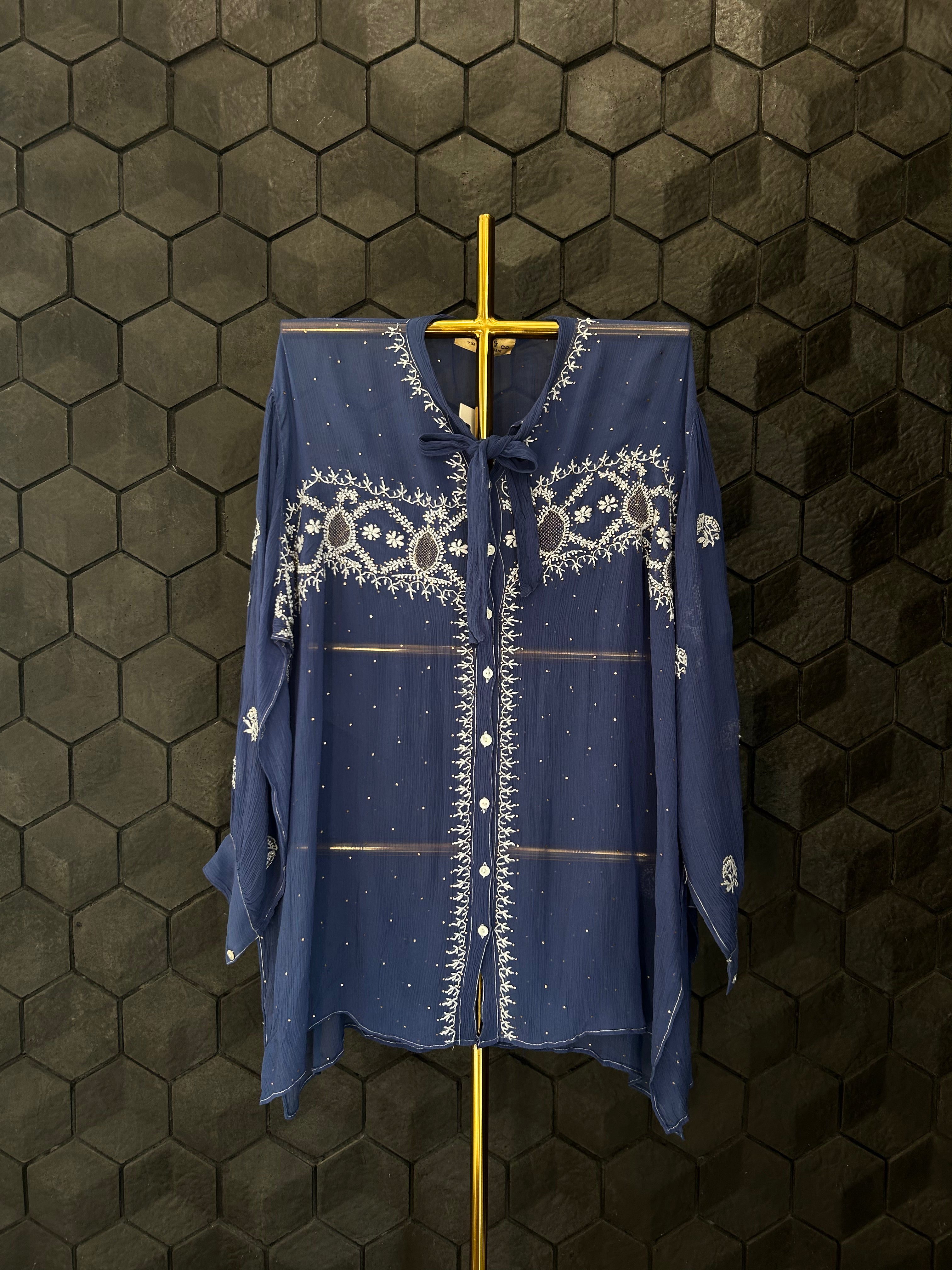 Cobalt Blue Chiffon Chikankari Short Shirt