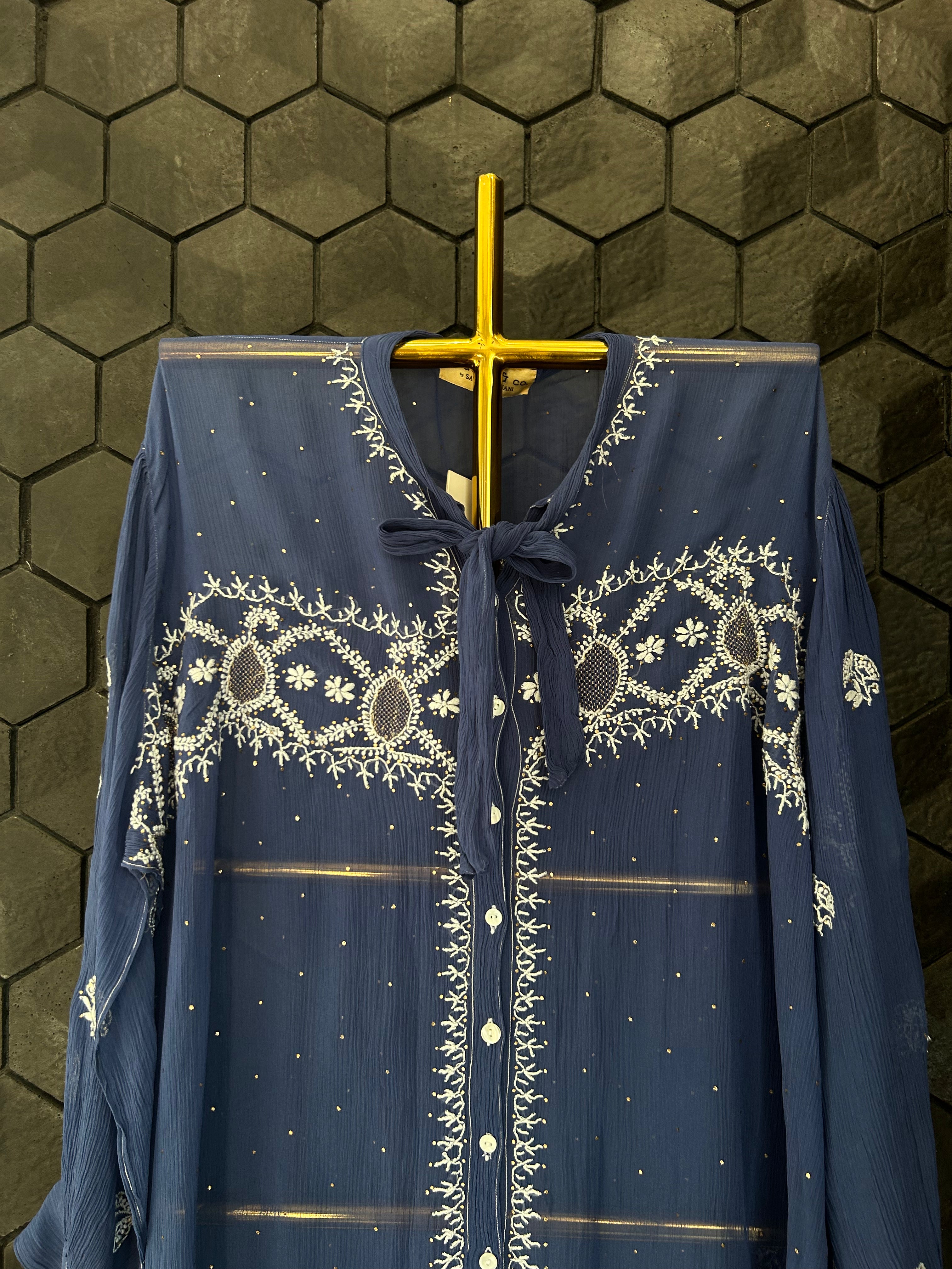 Cobalt Blue Chiffon Chikankari Short Shirt