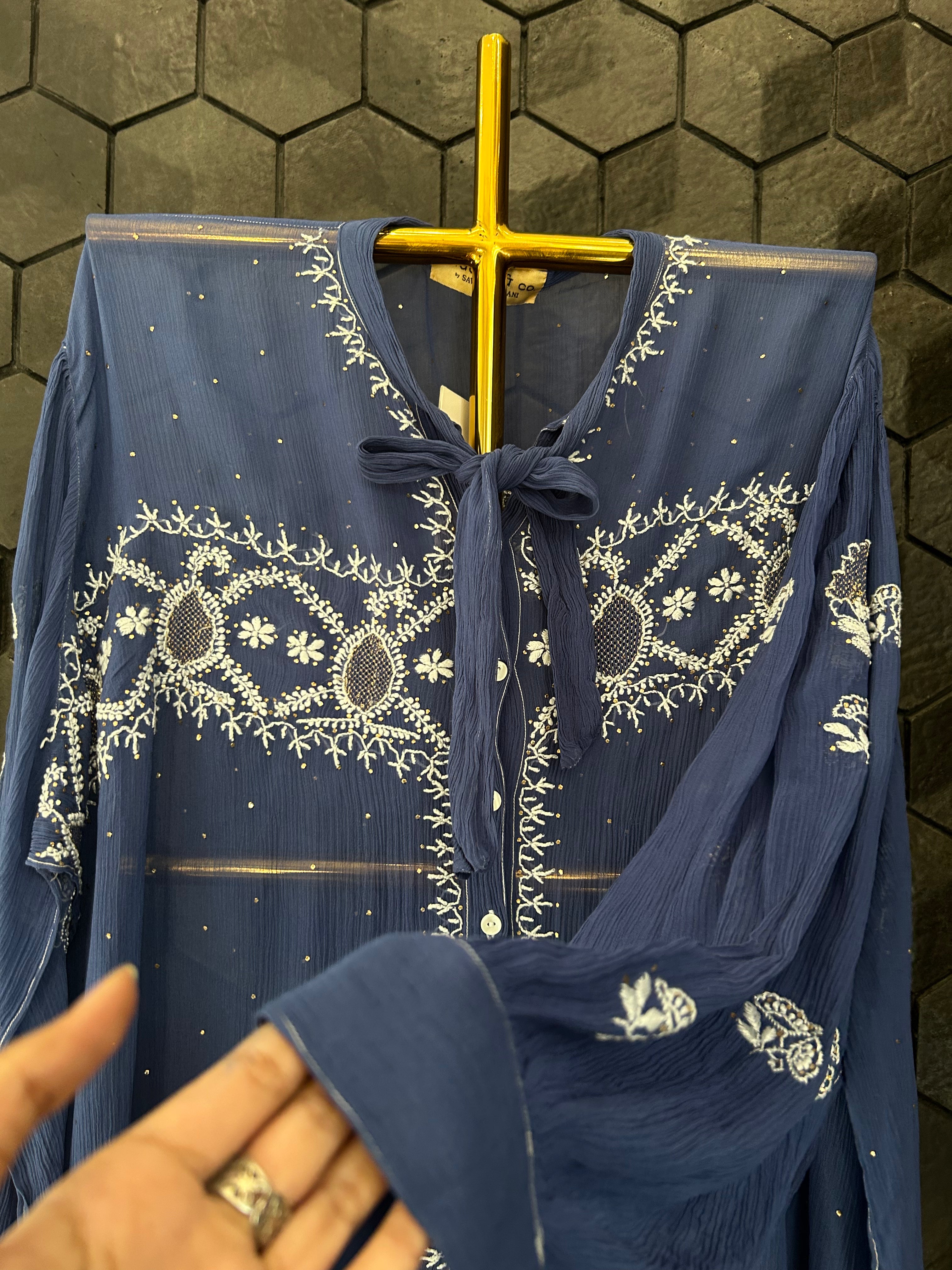 Cobalt Blue Chiffon Chikankari Short Shirt