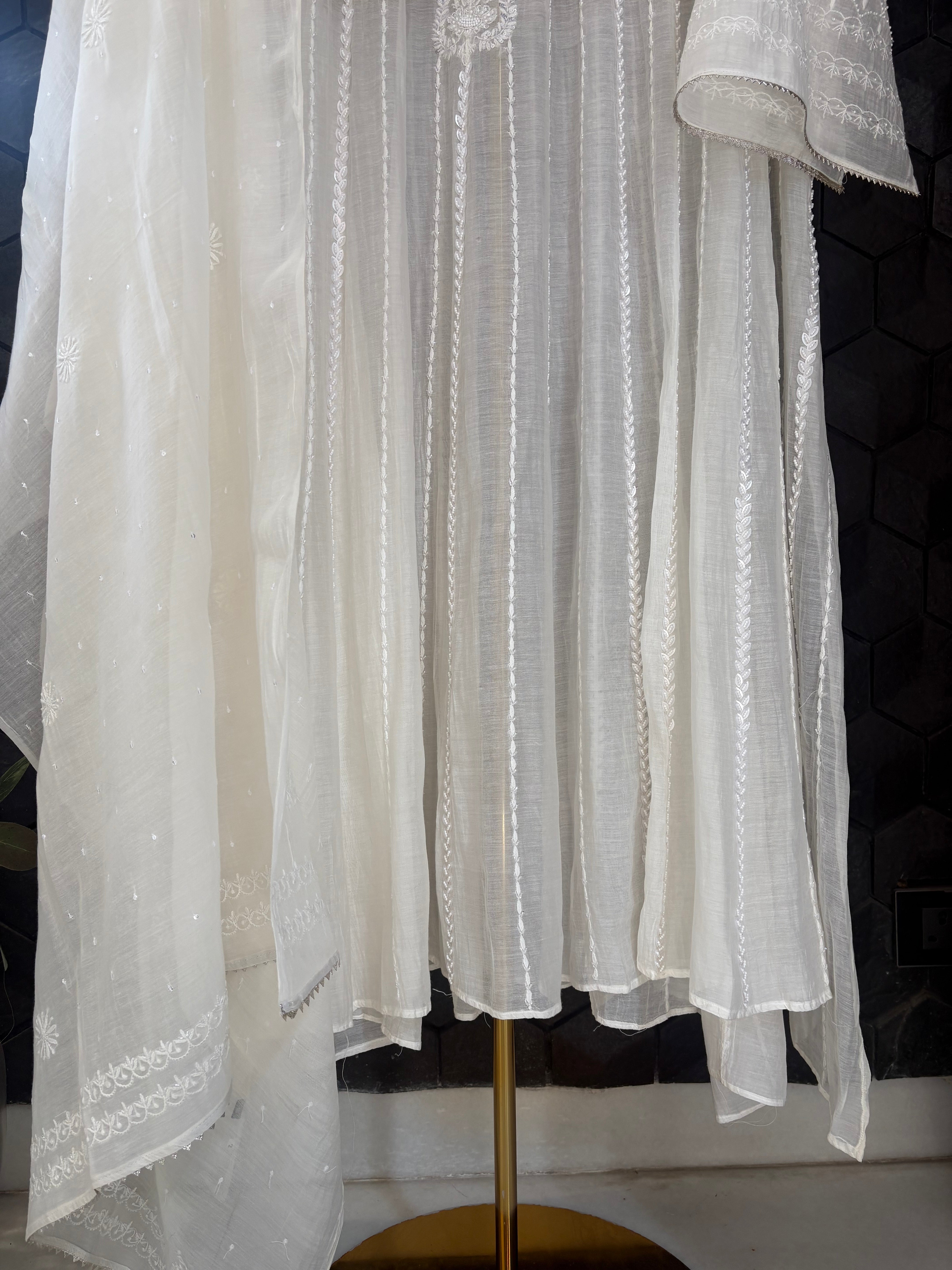 White Mul Chanderi Anarkali Set