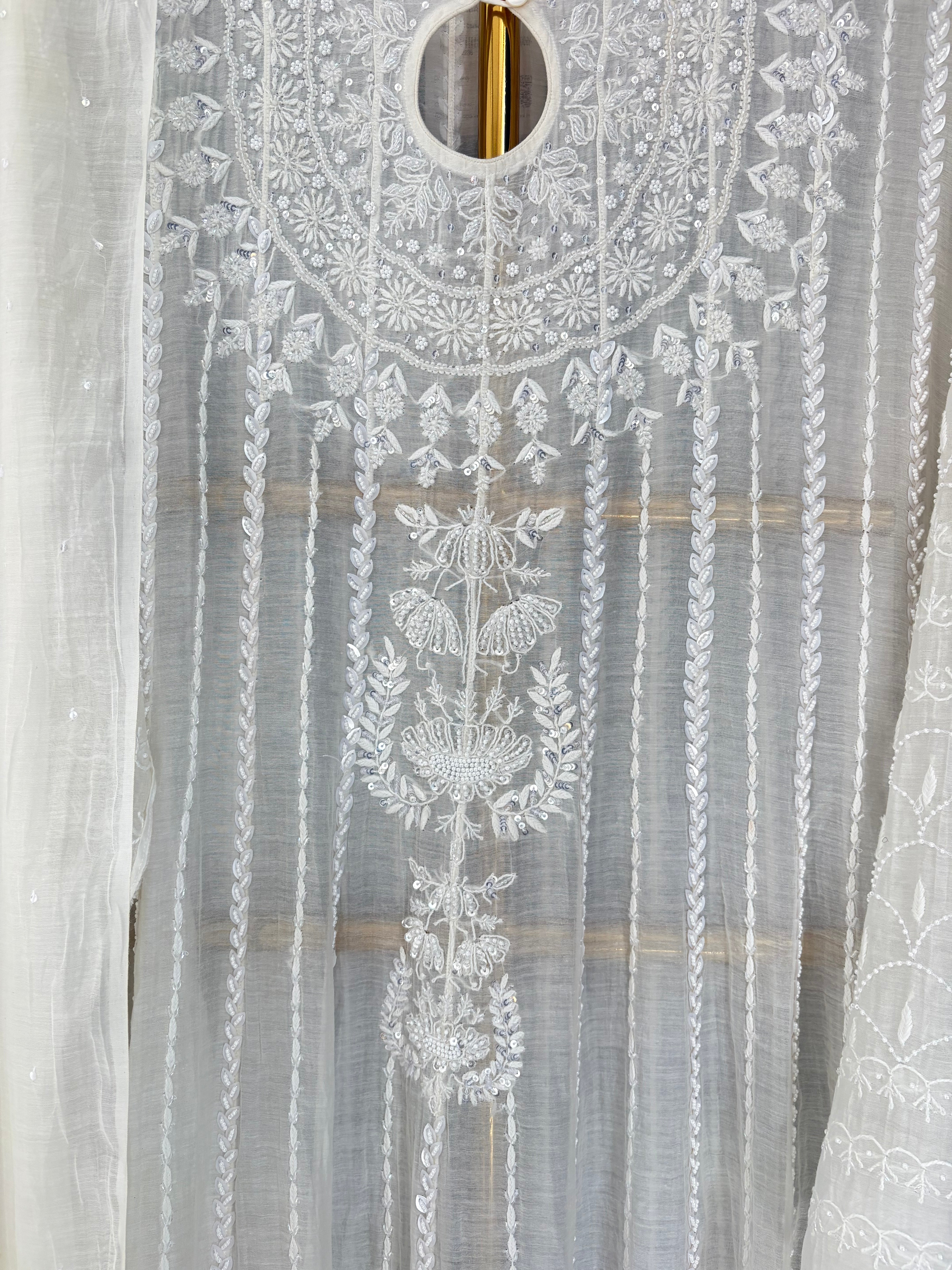 White Mul Chanderi Anarkali Set
