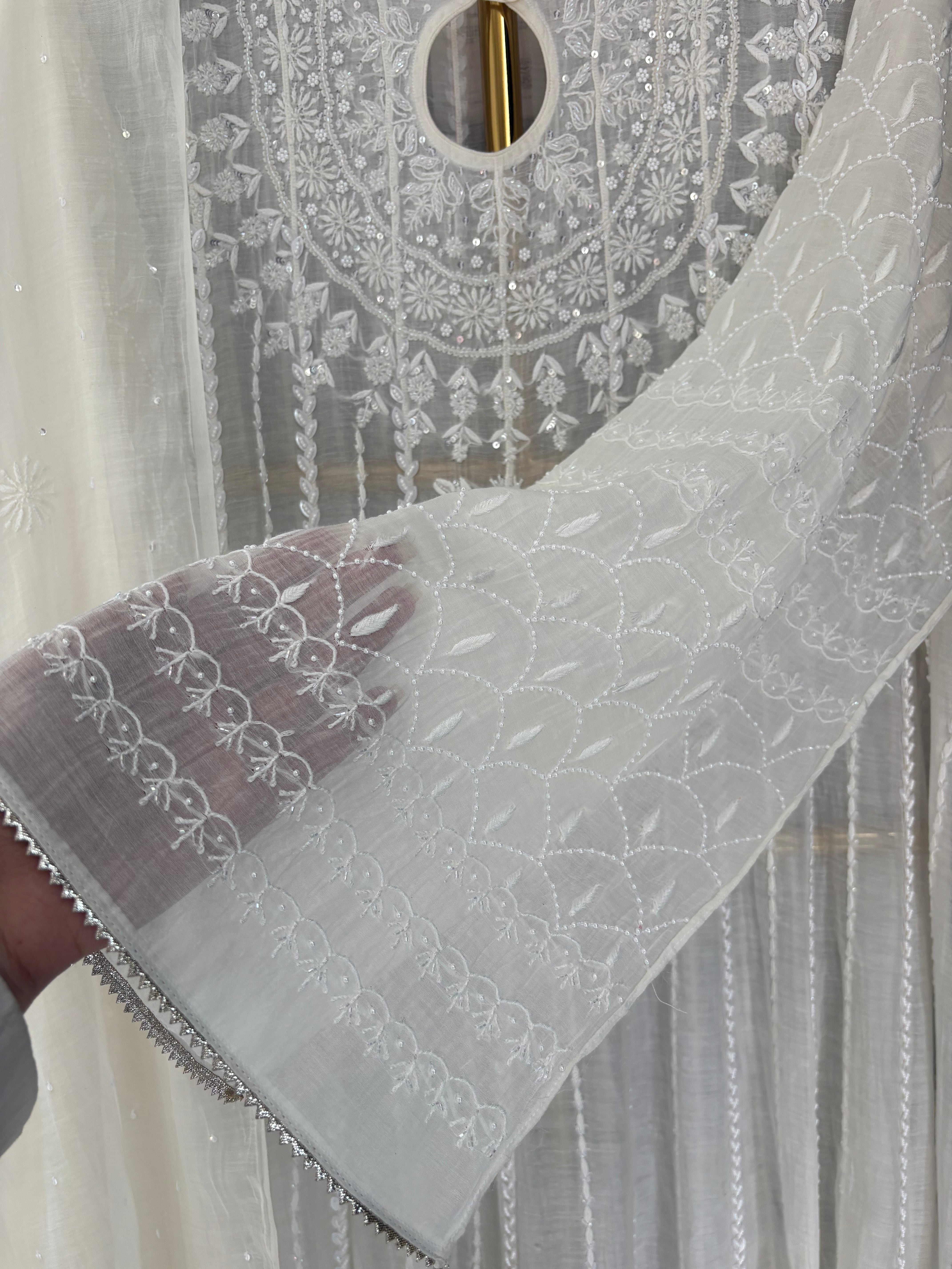 White Mul Chanderi Anarkali Set