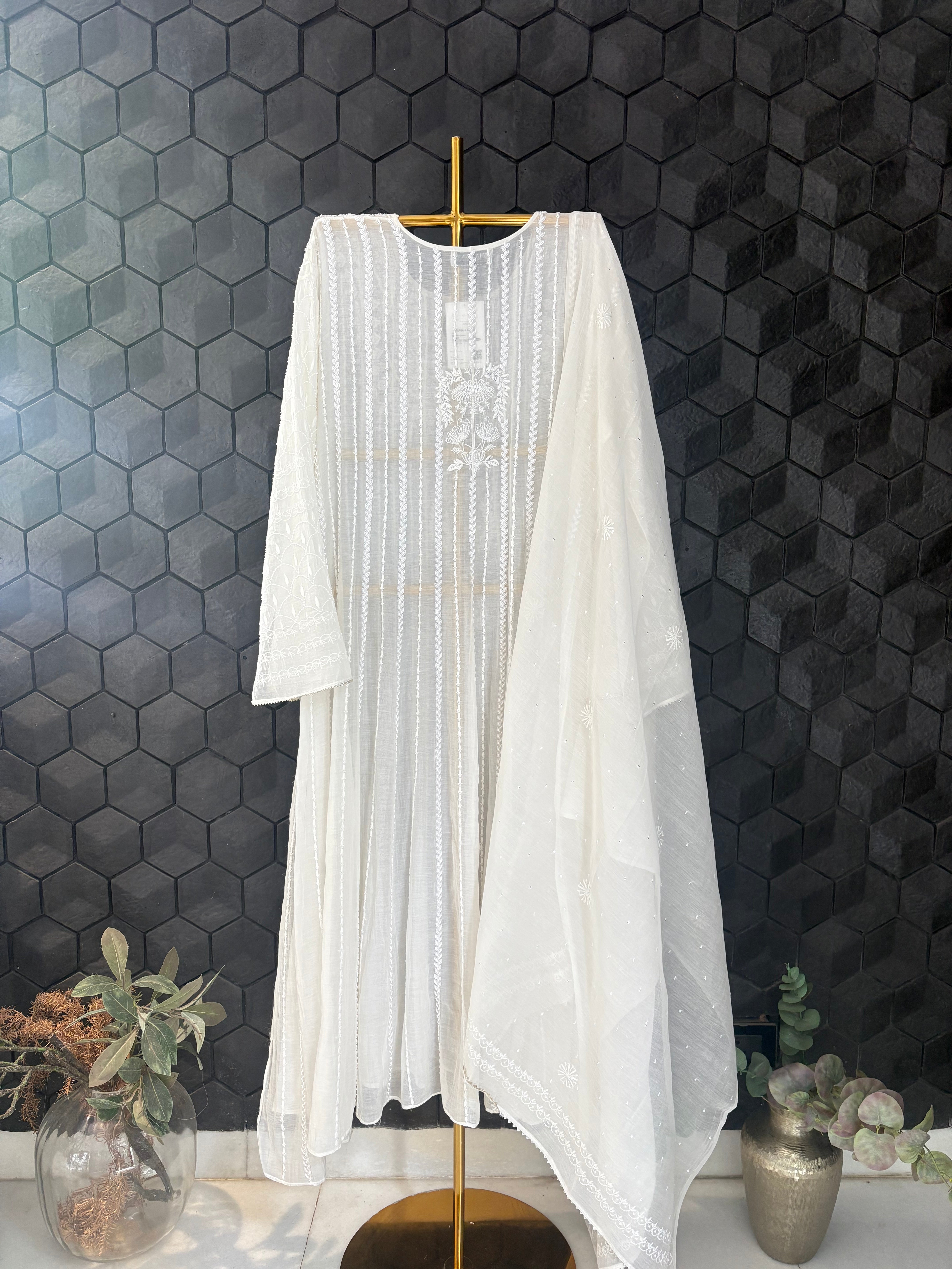 White Mul Chanderi Anarkali Set
