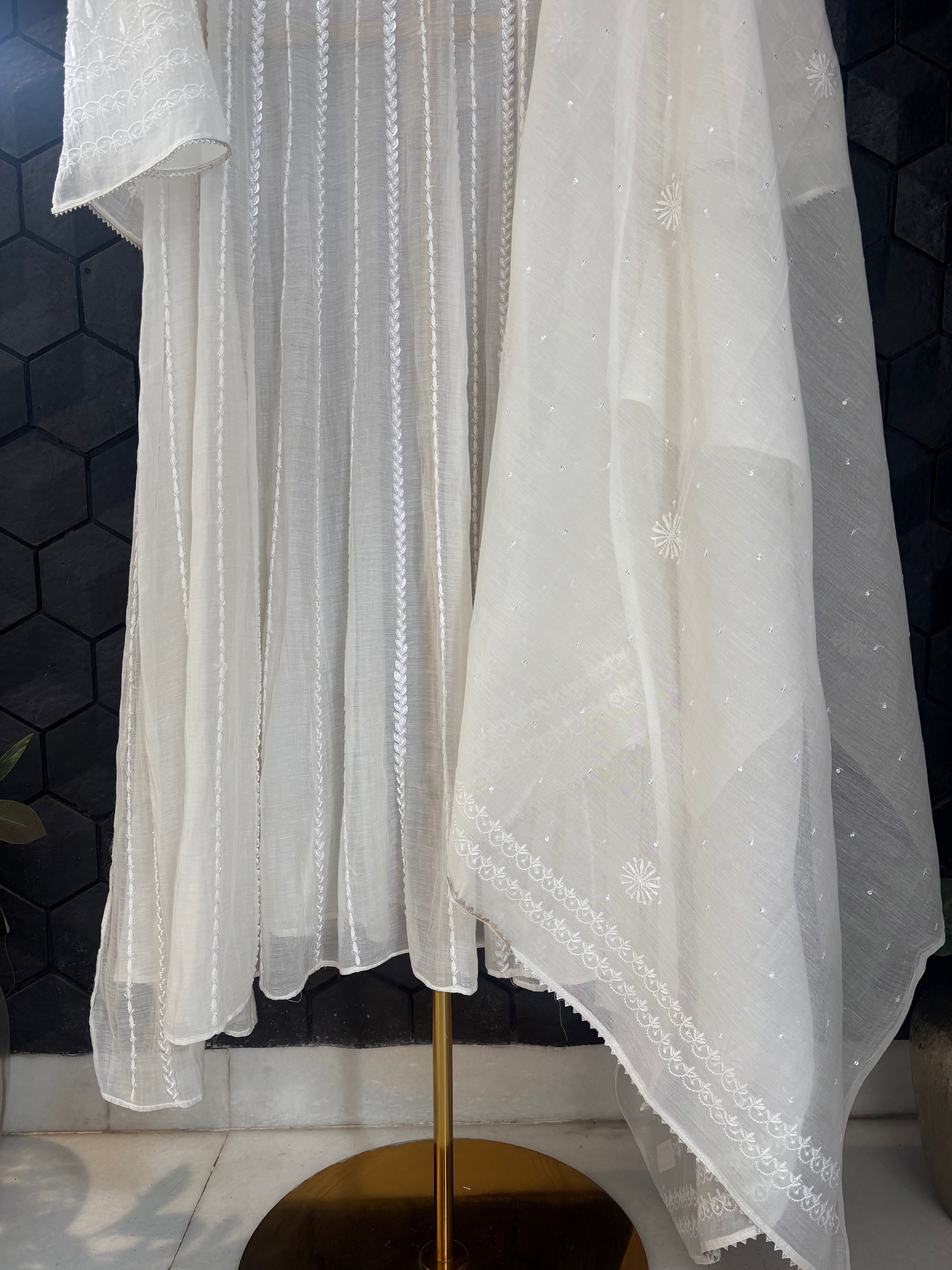 White Mul Chanderi Anarkali Set