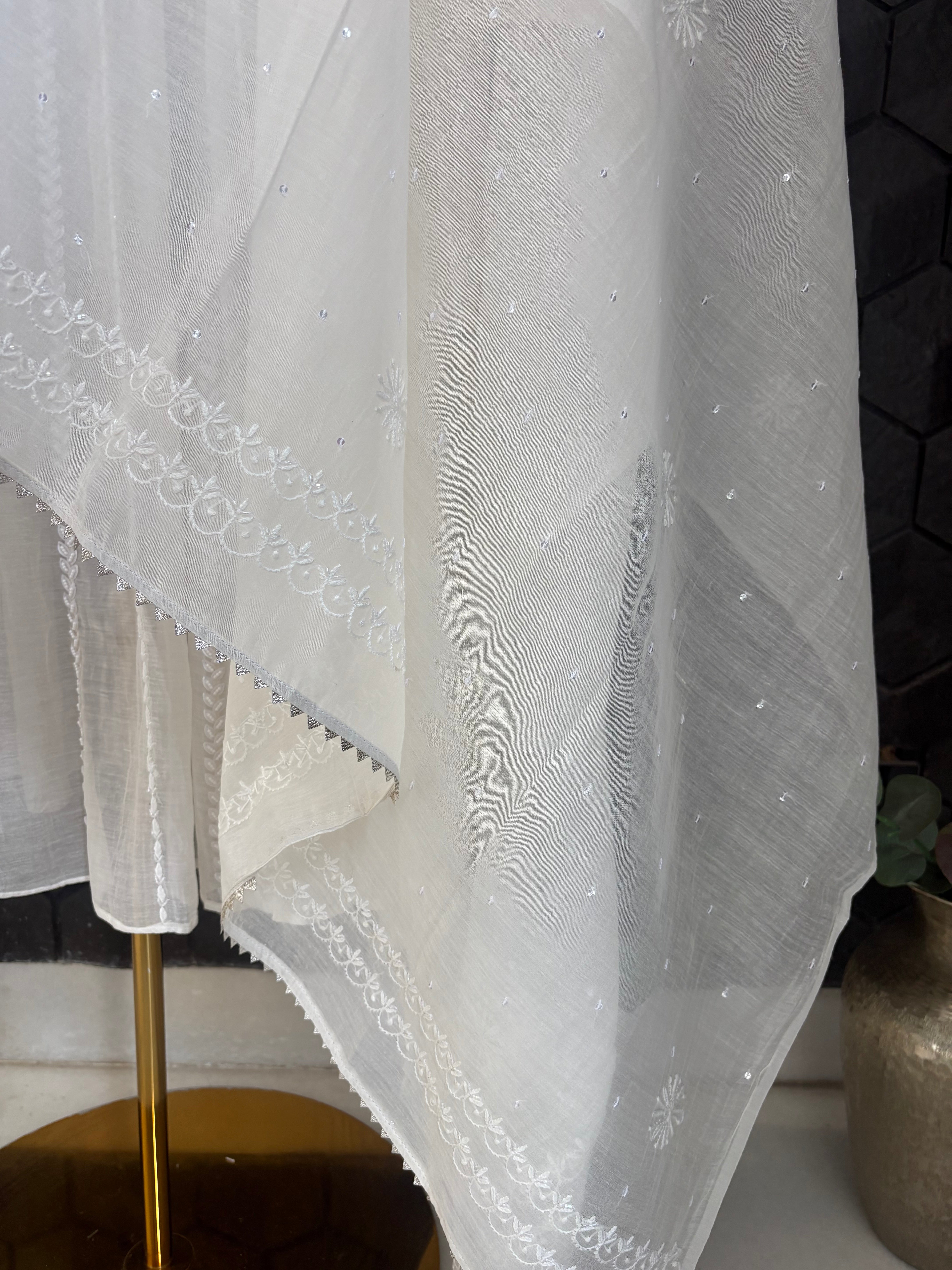 White Mul Chanderi Anarkali Set
