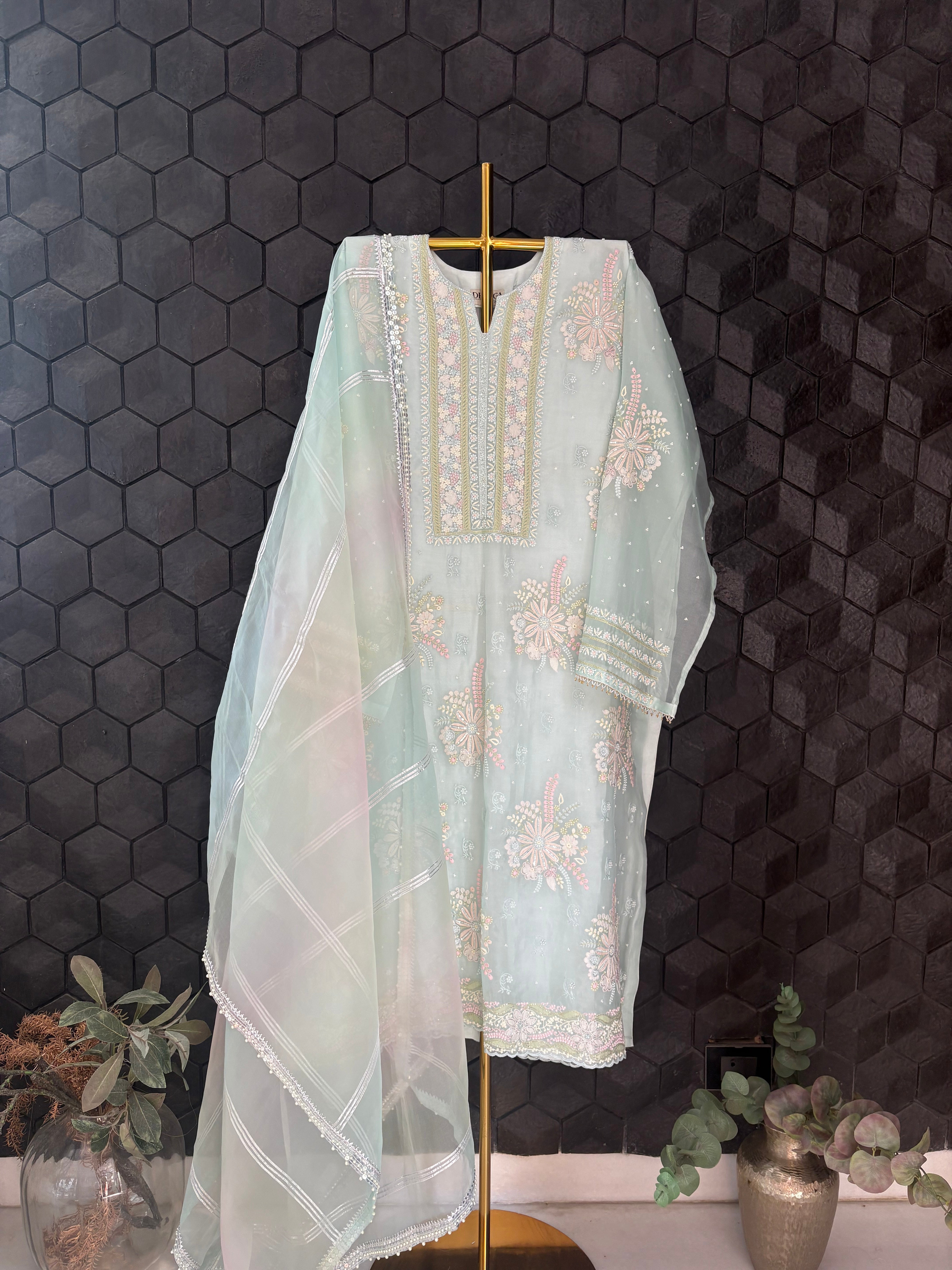 Mint Green Chikankari Organza Kurta Set