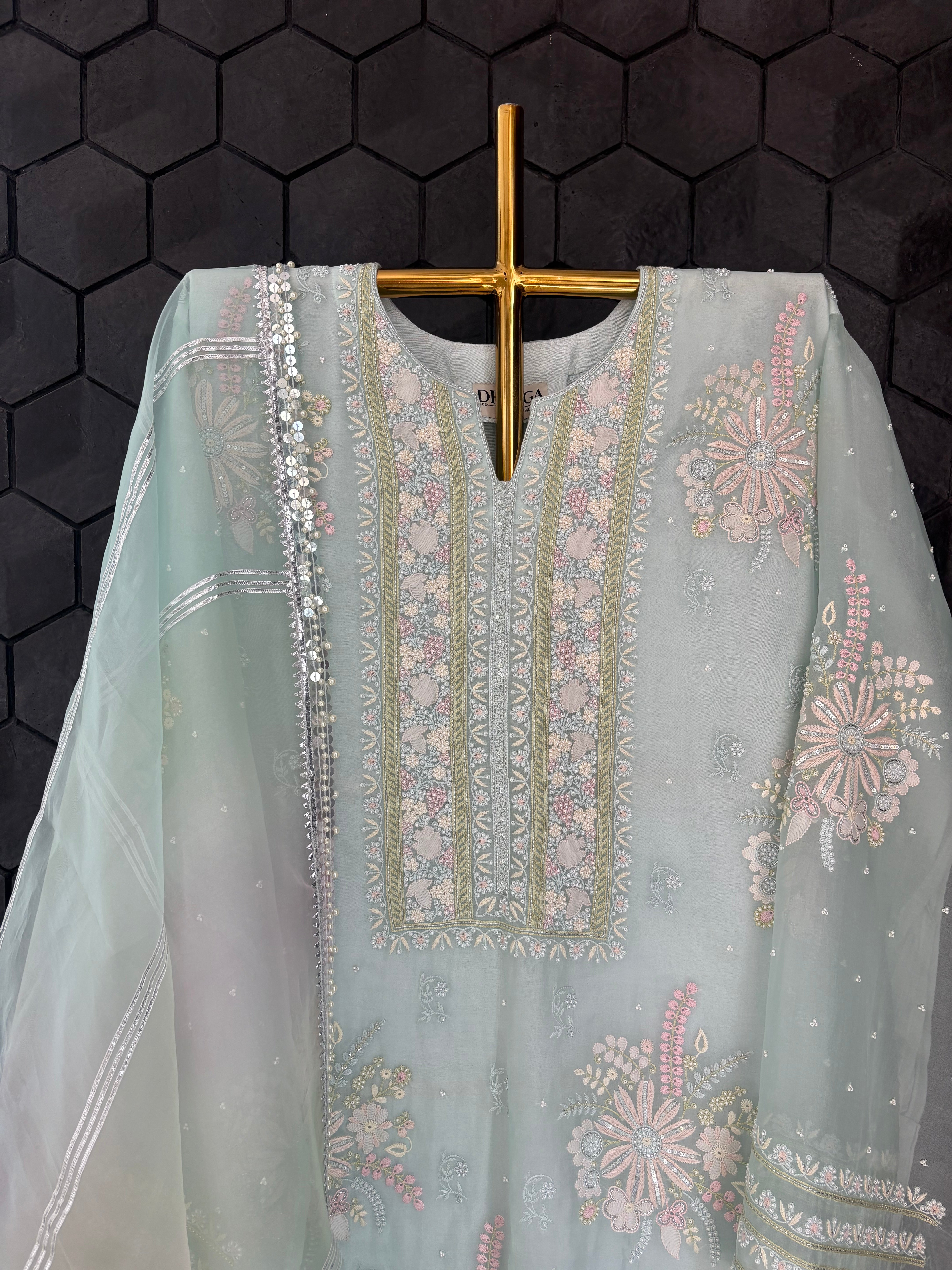 Mint Green Chikankari Organza Kurta Set